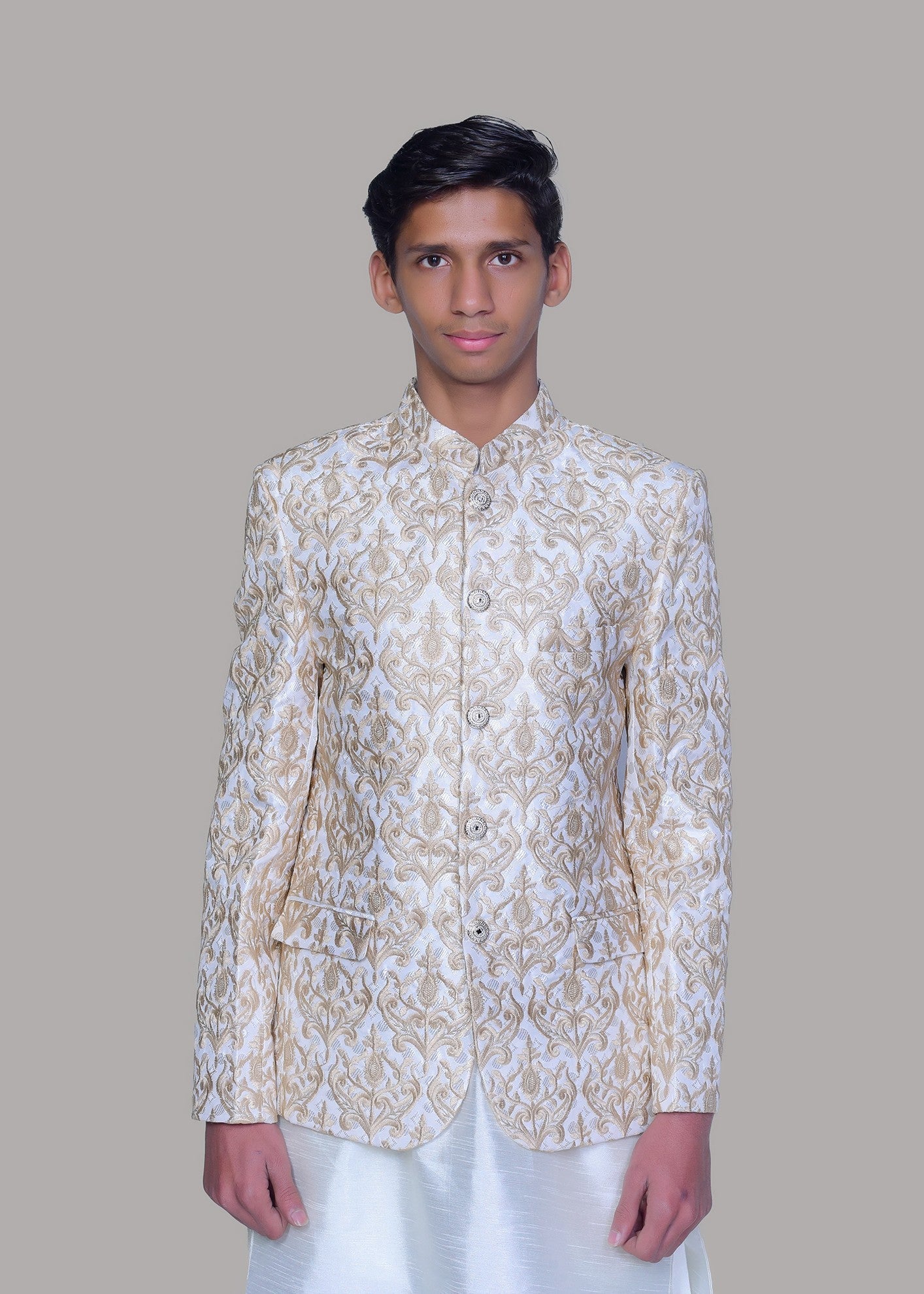 jamawar Prince Coat in Pearl white