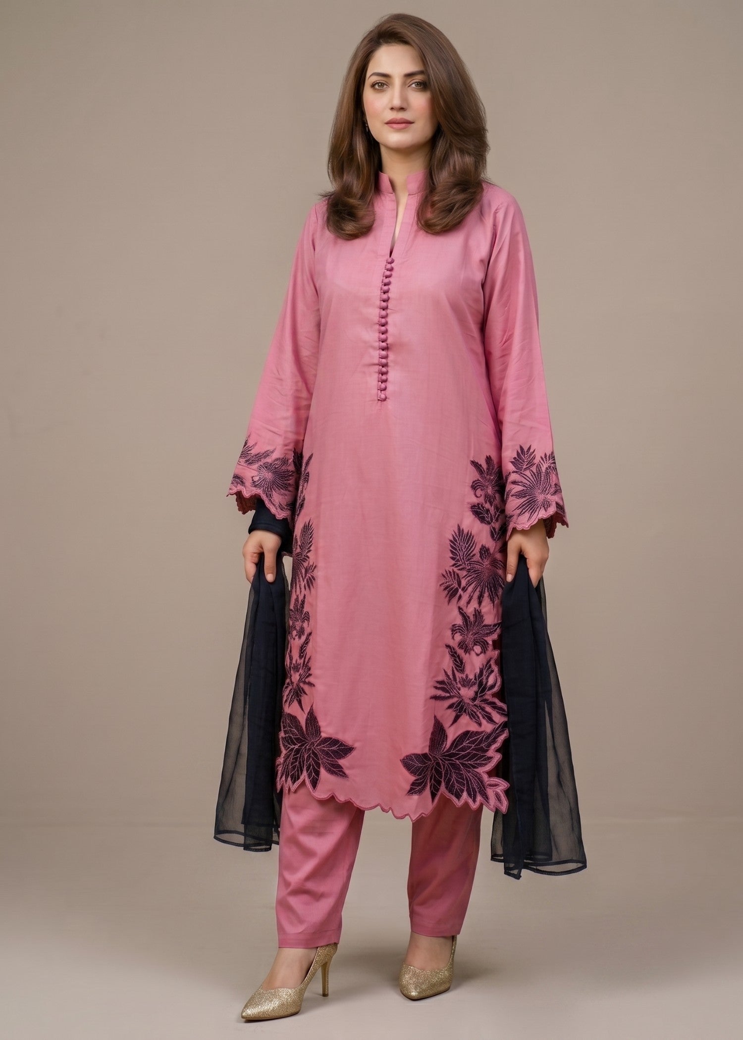 linen Kurta Set in Mauve pink