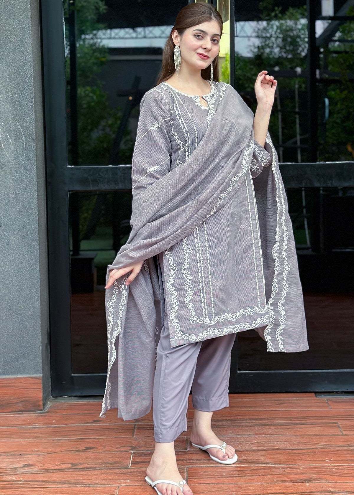 cotton karandi Kurta Set in Grey