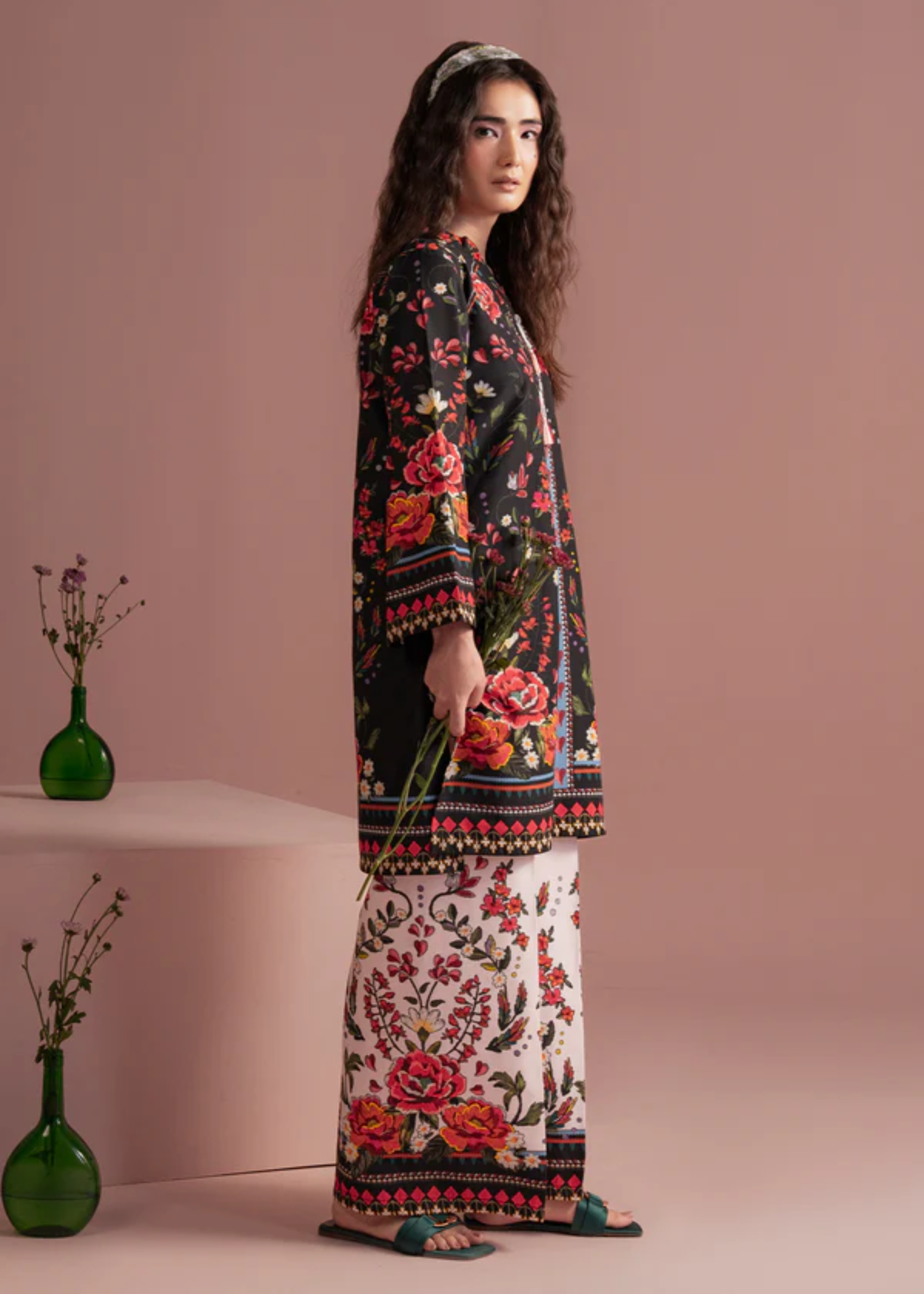 silk finish lawn Kurta Set in Ivory, black