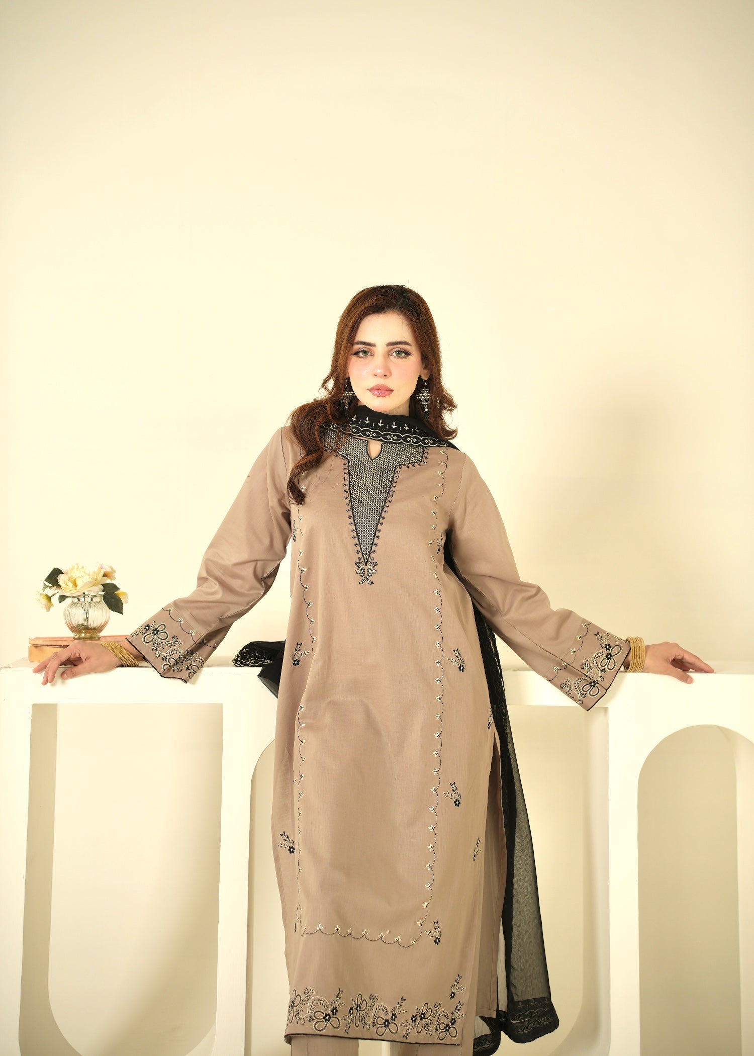 lawn cotton Kurta Set in Grey