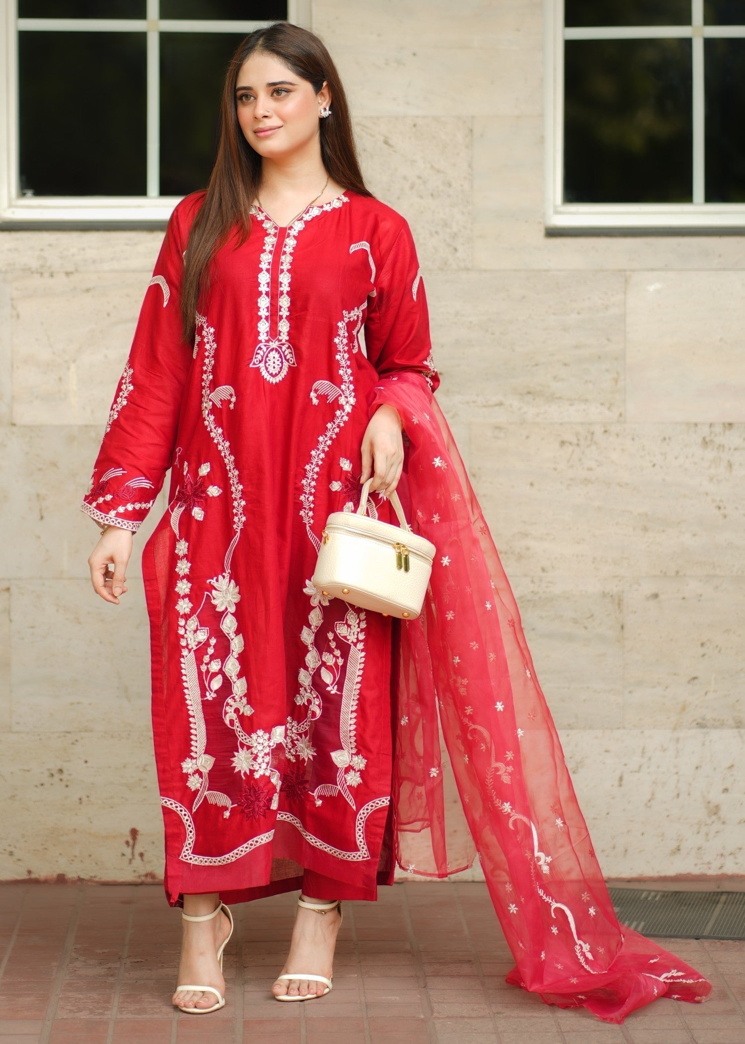 linen Kurta Set in Red