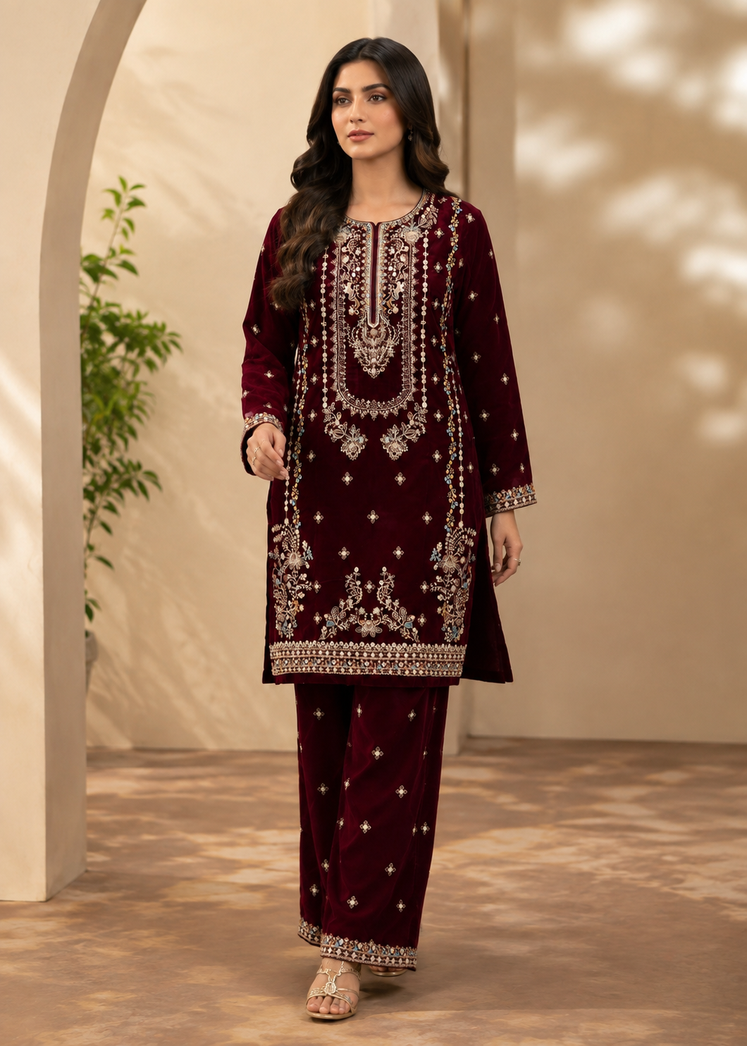 chinese micro velvet 9000 Kurta Set in Maroon