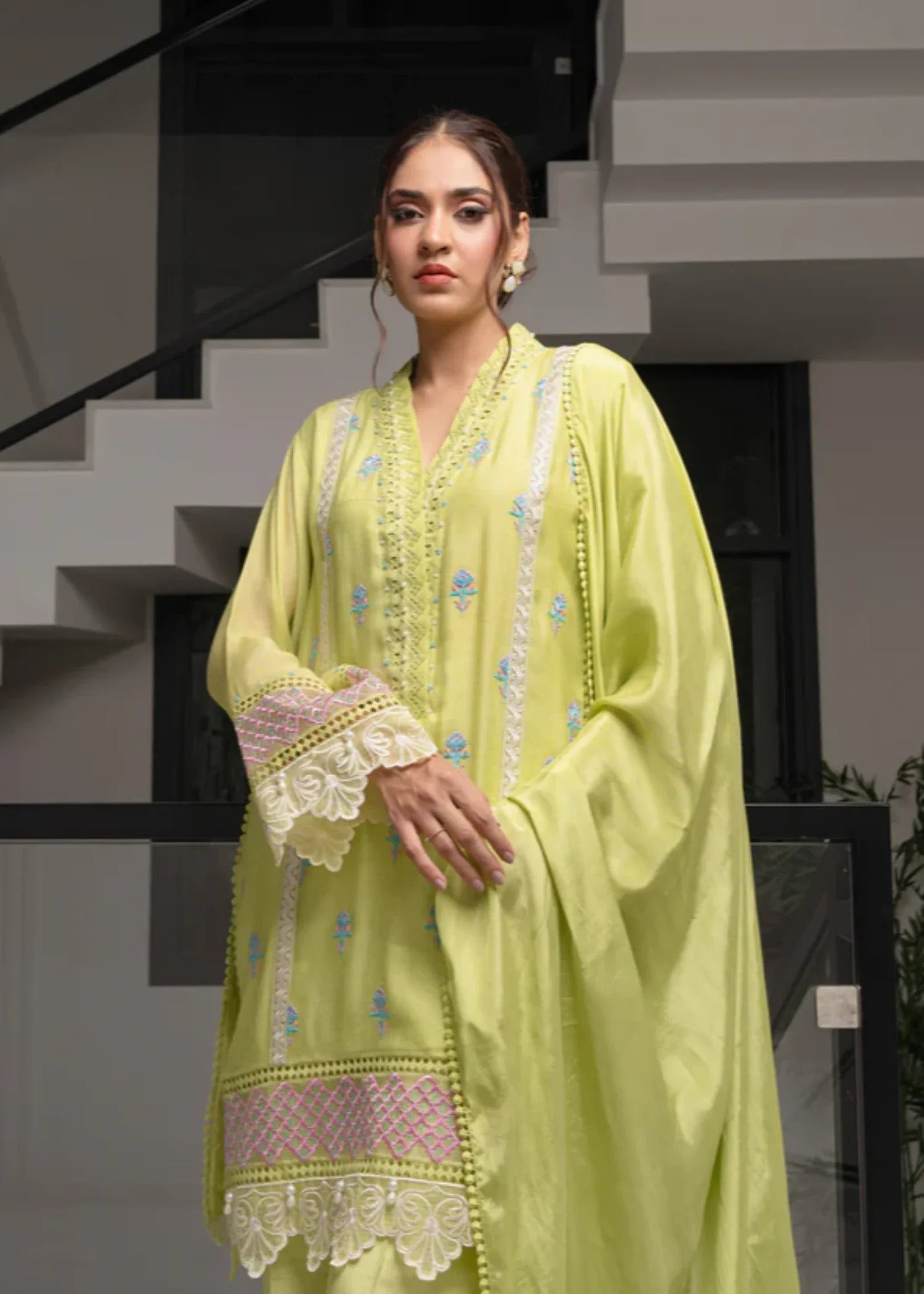 khaddi net Kurta Set in Lime green