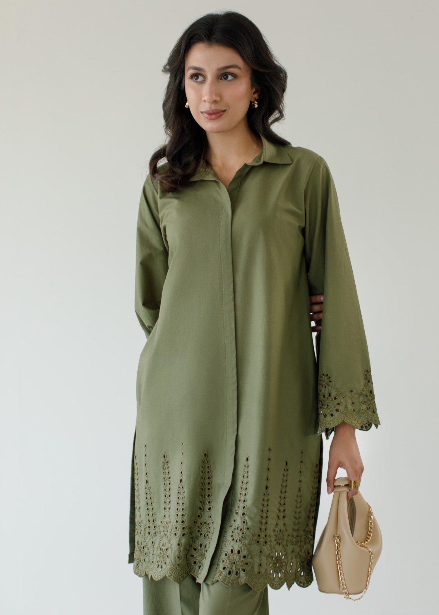 schiffli Co Ord Sets in Olive green