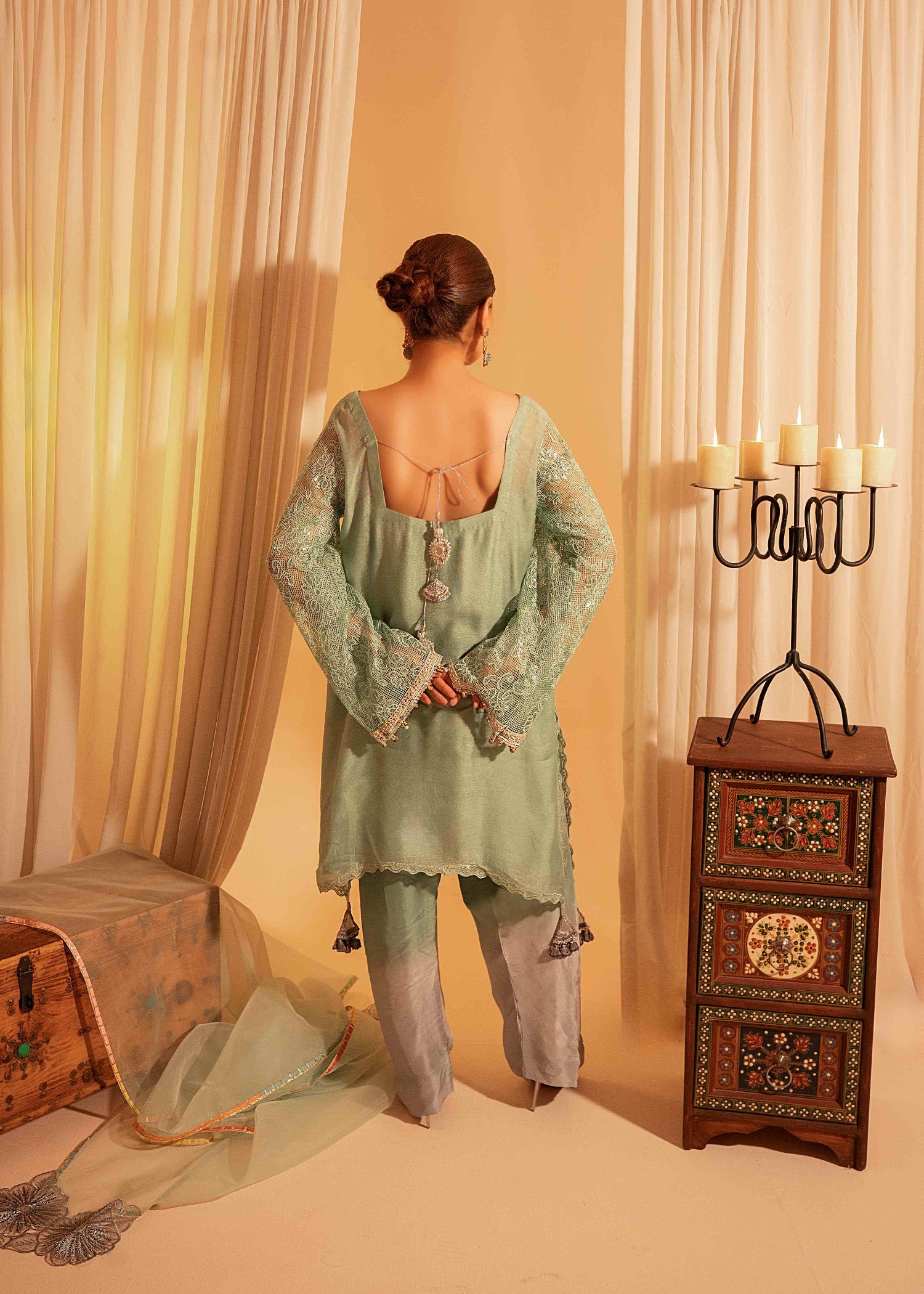 cotton net Kurta Set in Moss green