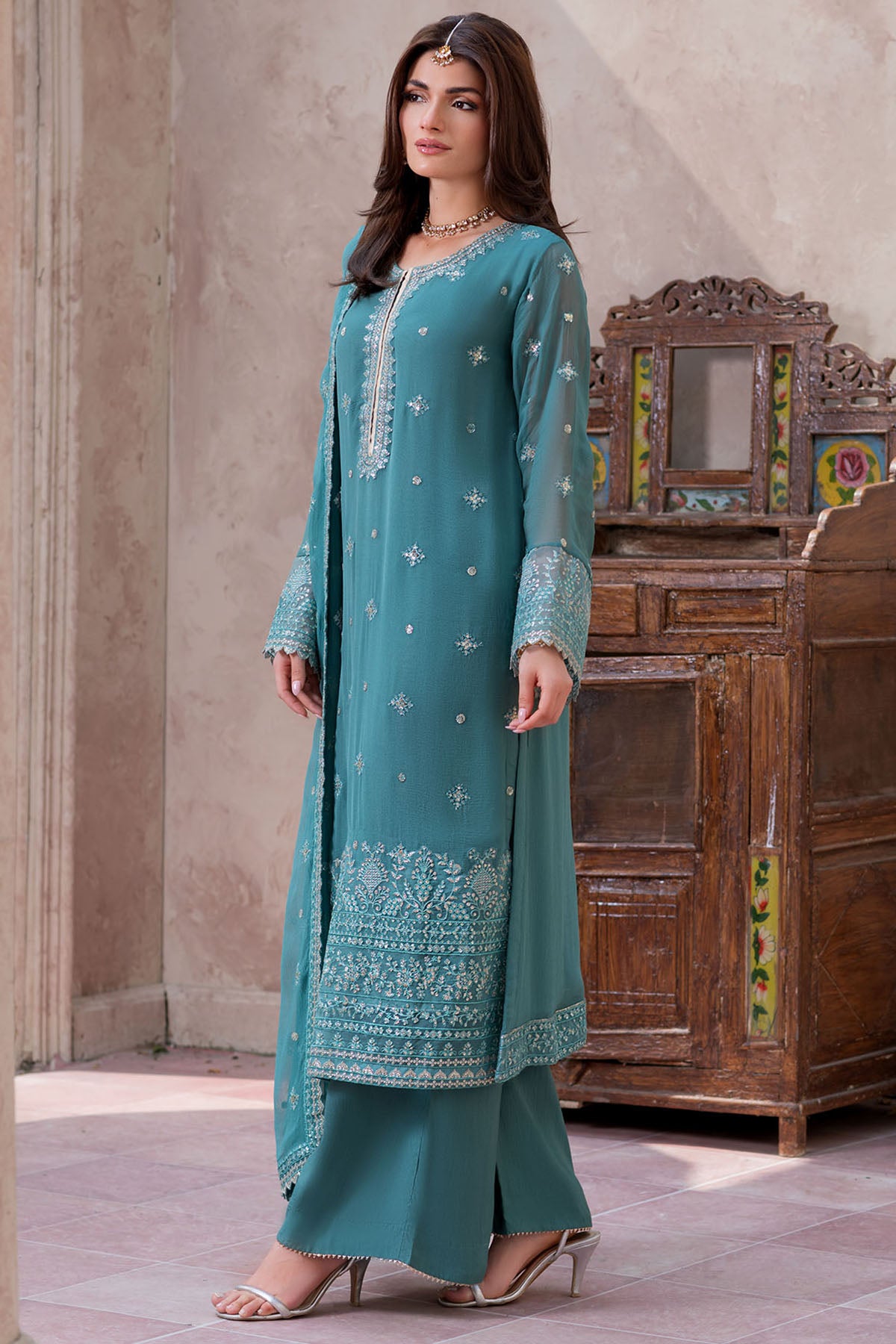 crinkle chiffon Kurta Set in Teal