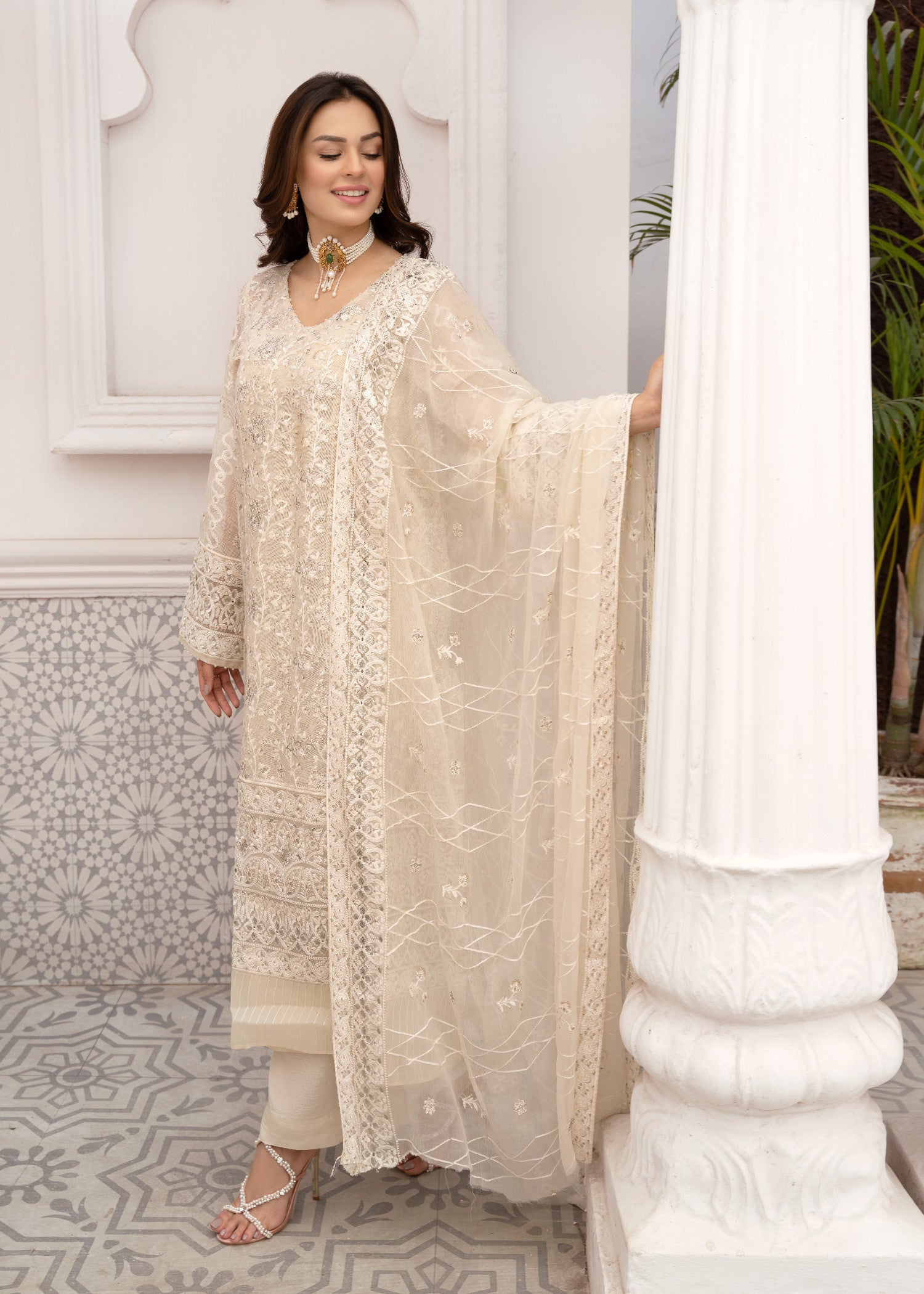 organza Angrakha in Cream