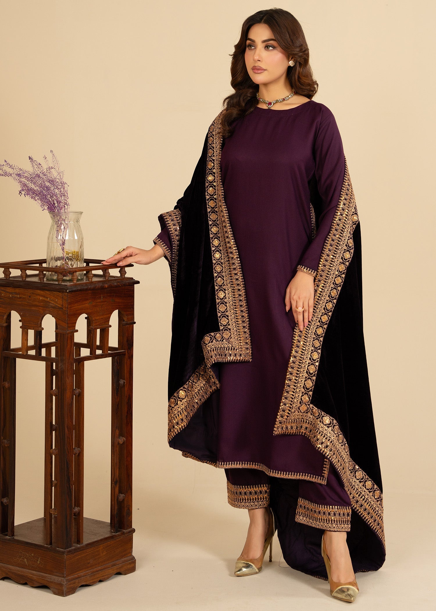 wool viscose Kurta Set in Plum