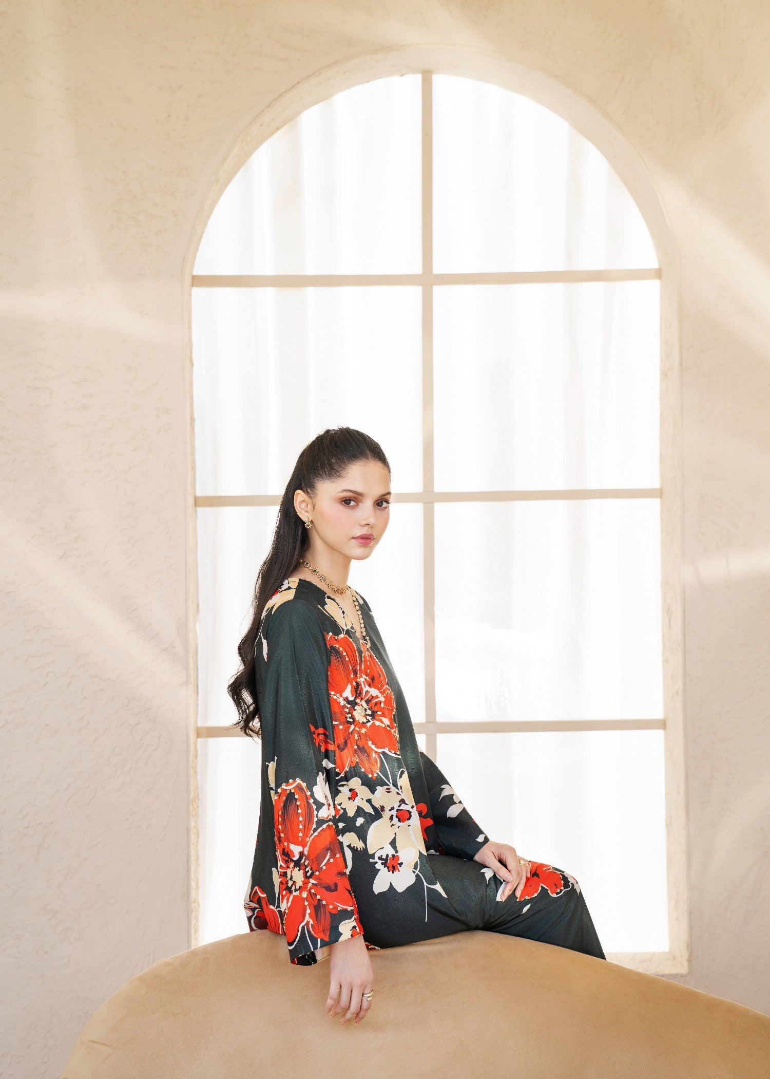 silk grip Kurta Set in Pumpkin orange, claret, charcoal black