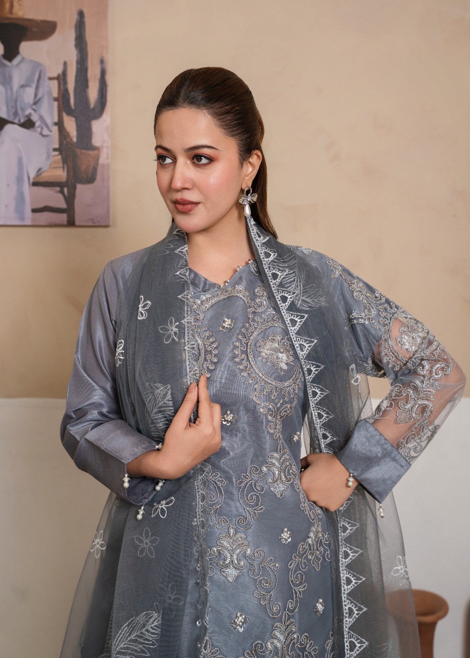 raw silk Short Frock in Slate grey