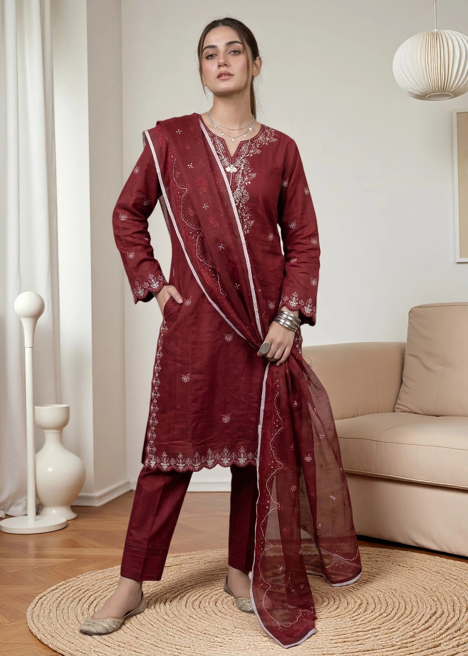 cambric cotton Kurta Set in Maroon
