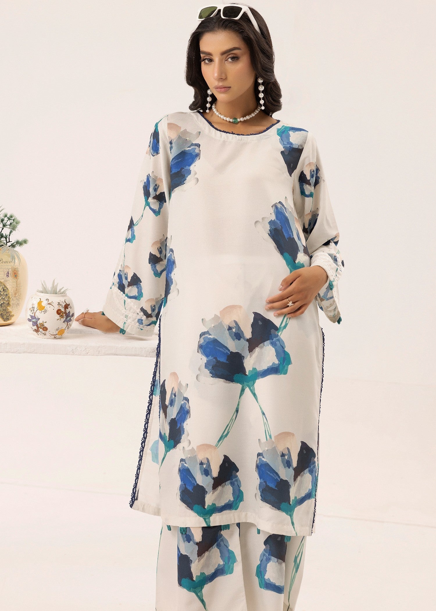 lawn Co Ord Sets in Navy blue, ivory