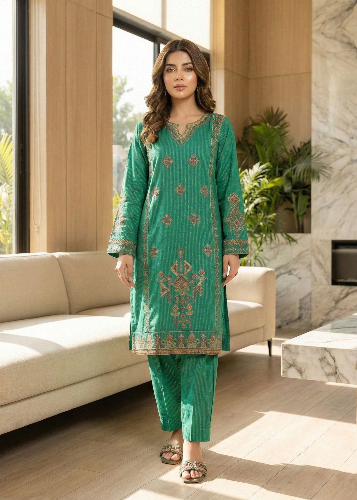 lawn Kurta Set in Jade green
