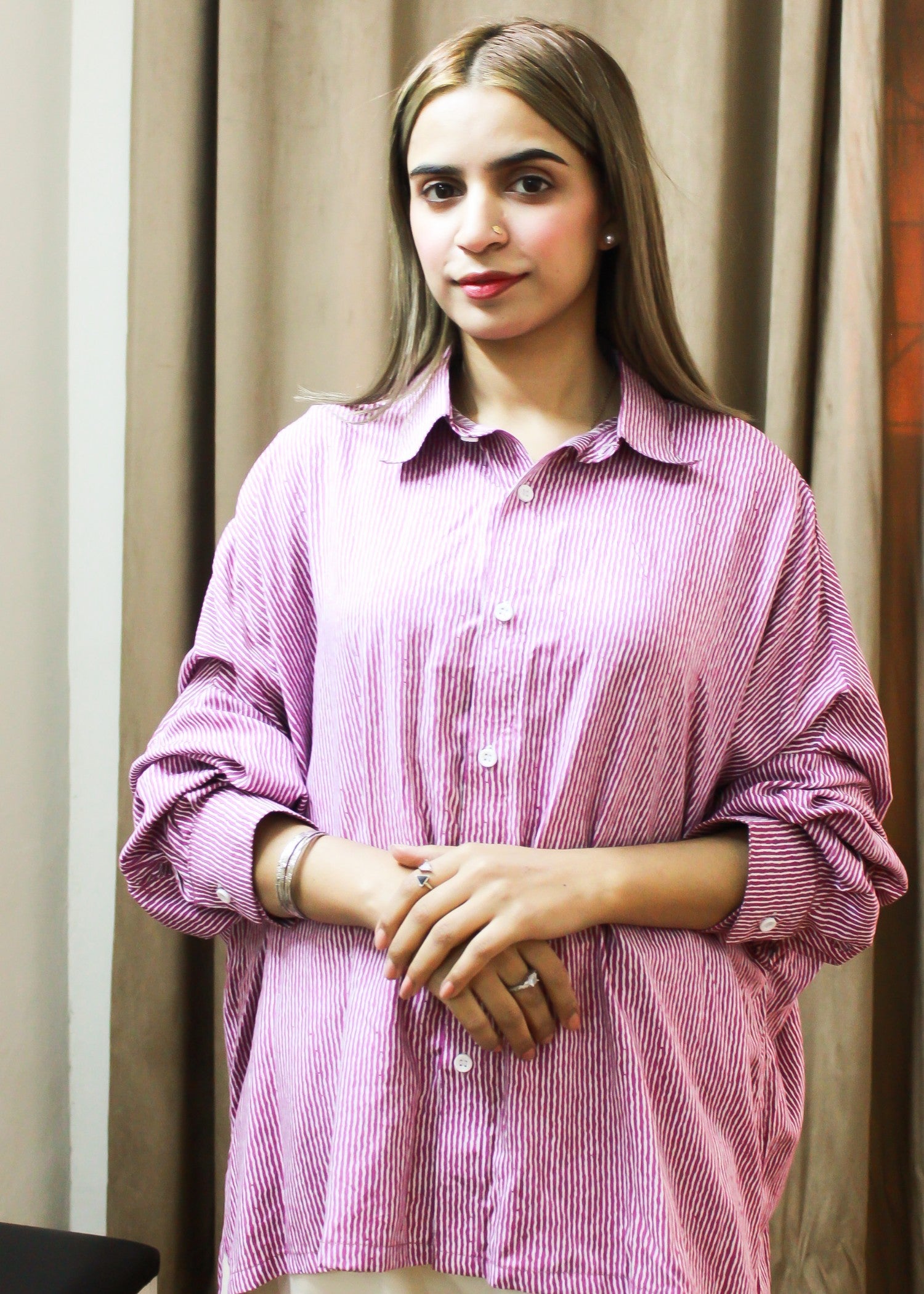 linen Top in Ice blue, pink