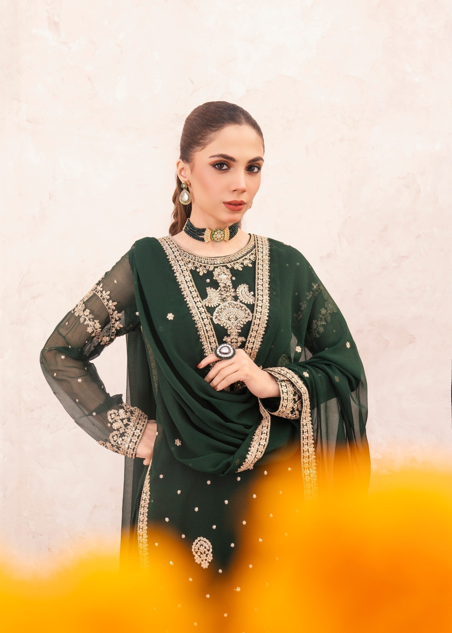 chiffon Lehenga in Dark green