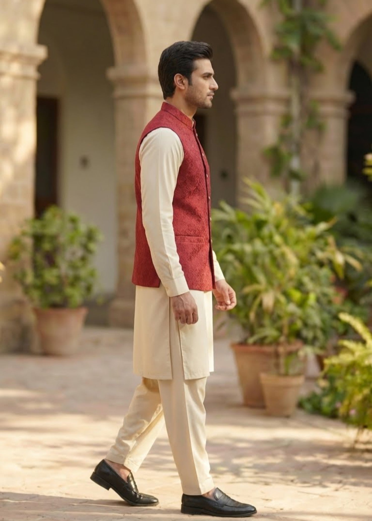 traditional jamawar Waistcoat in Maroon
