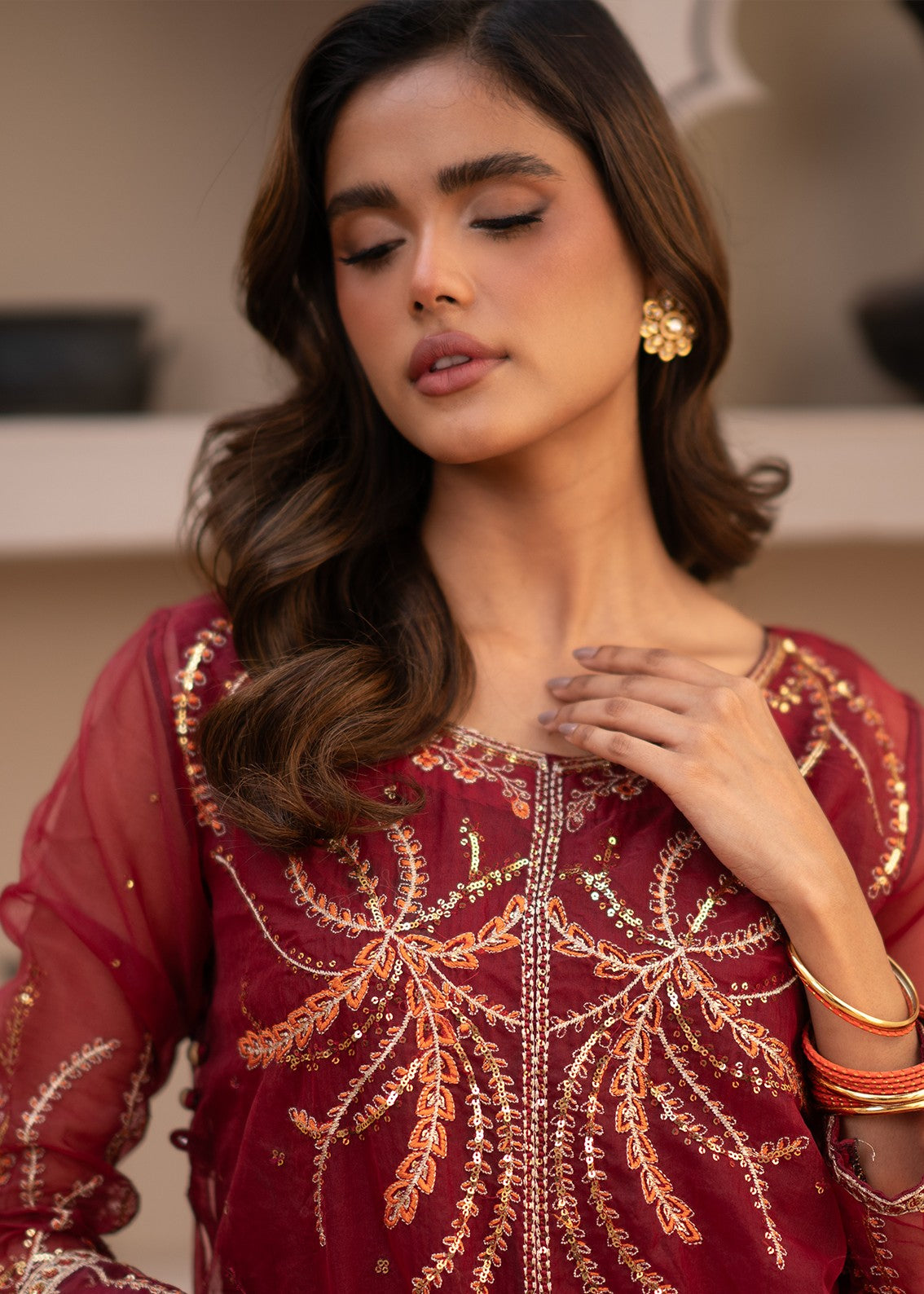 organza Pishwas in Maroon