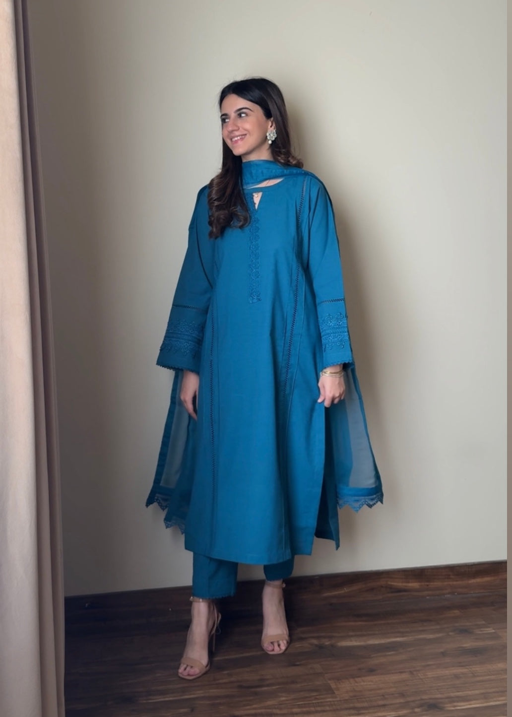slub cambric Kurta Set in Blue