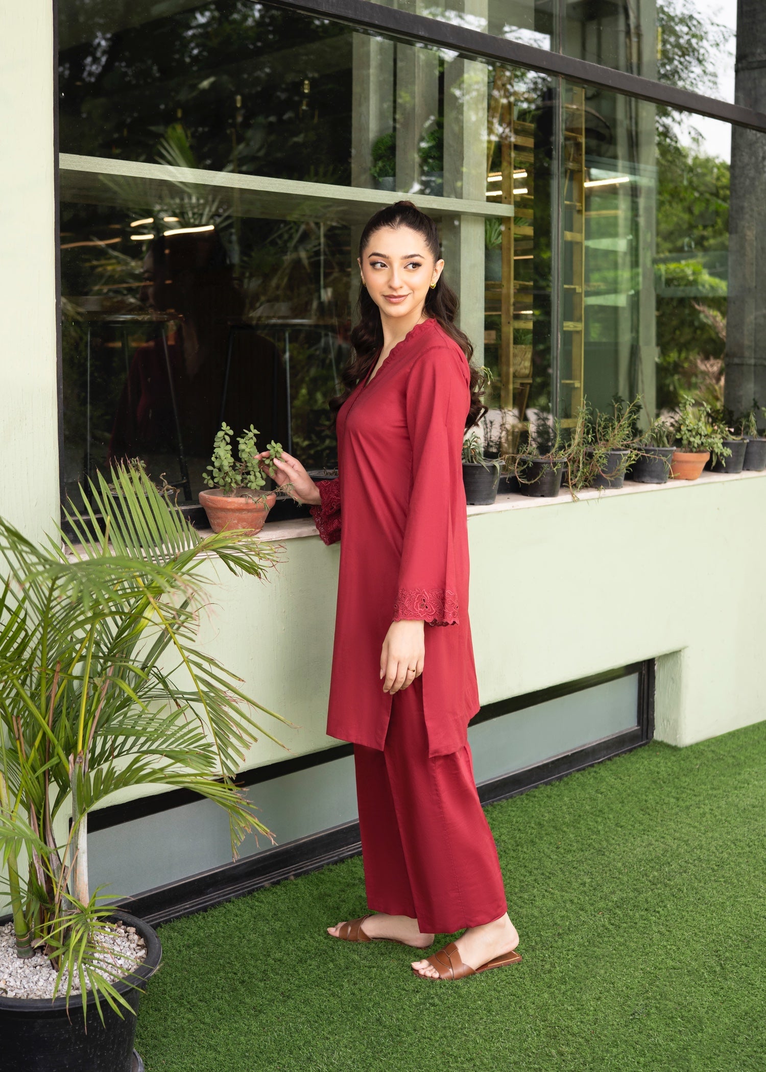 lawn cotton Kurta Set in Carmine