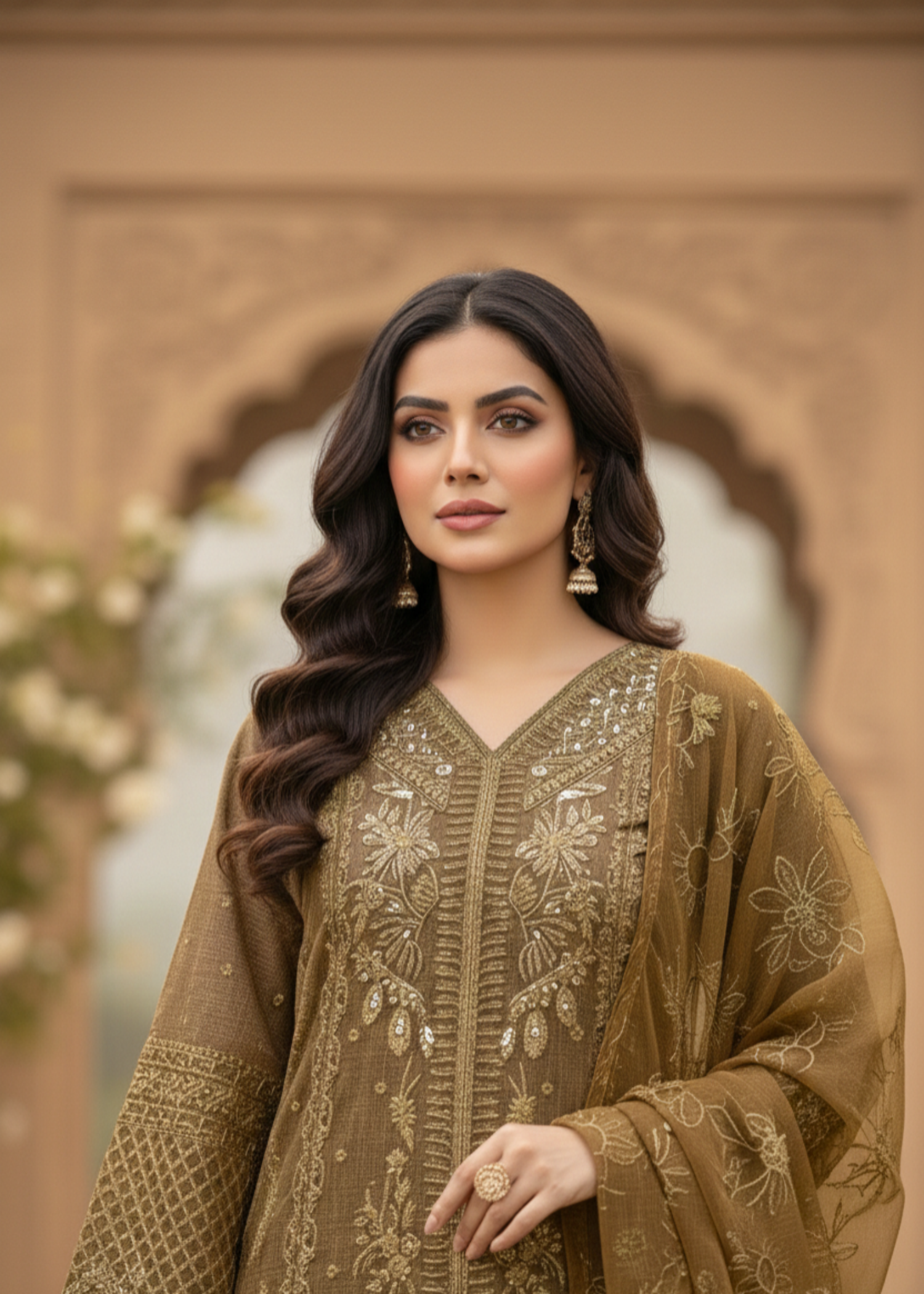 organza net Kurta Set in Golden brown
