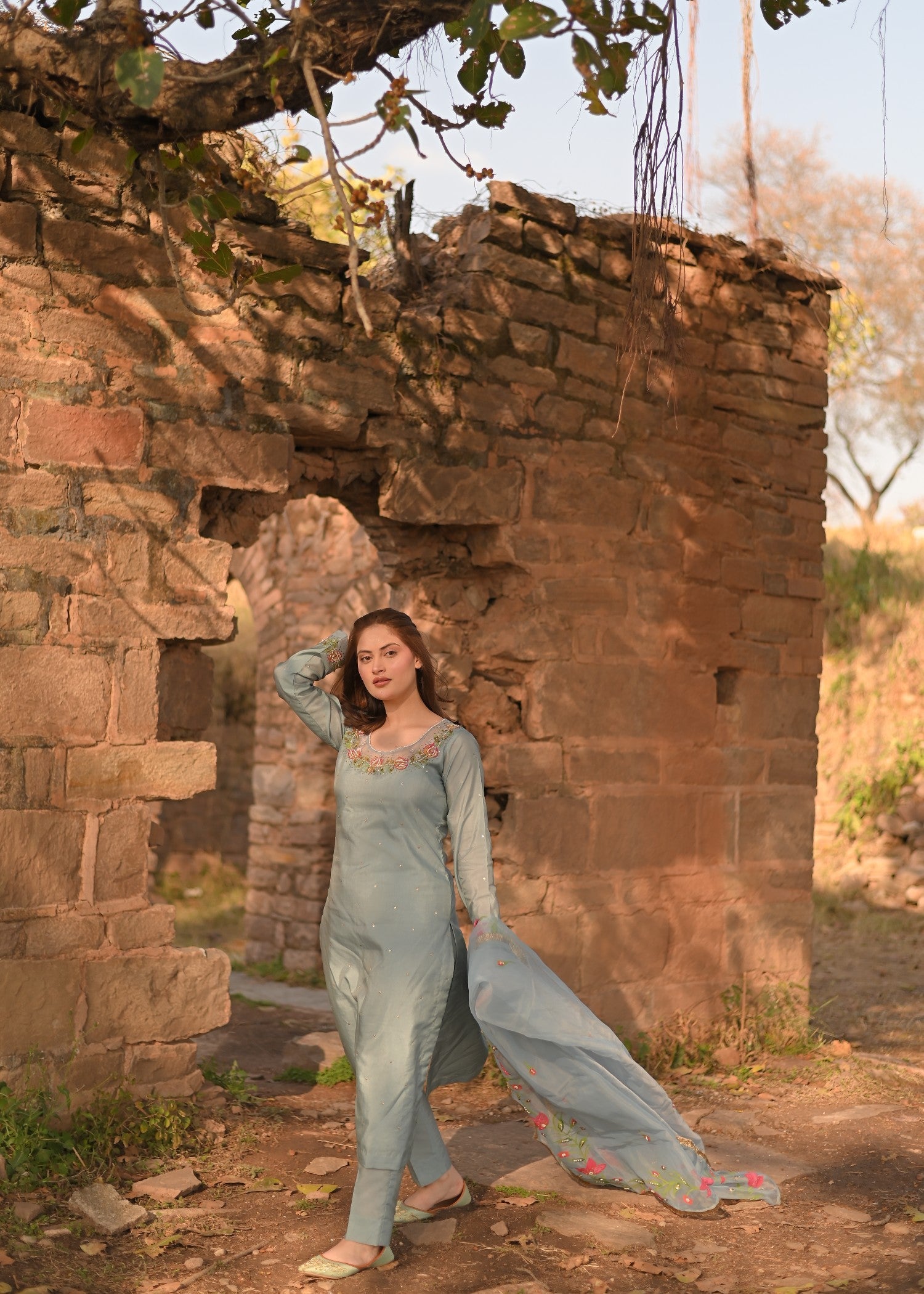 silk crepe Kurta Set in Light blue