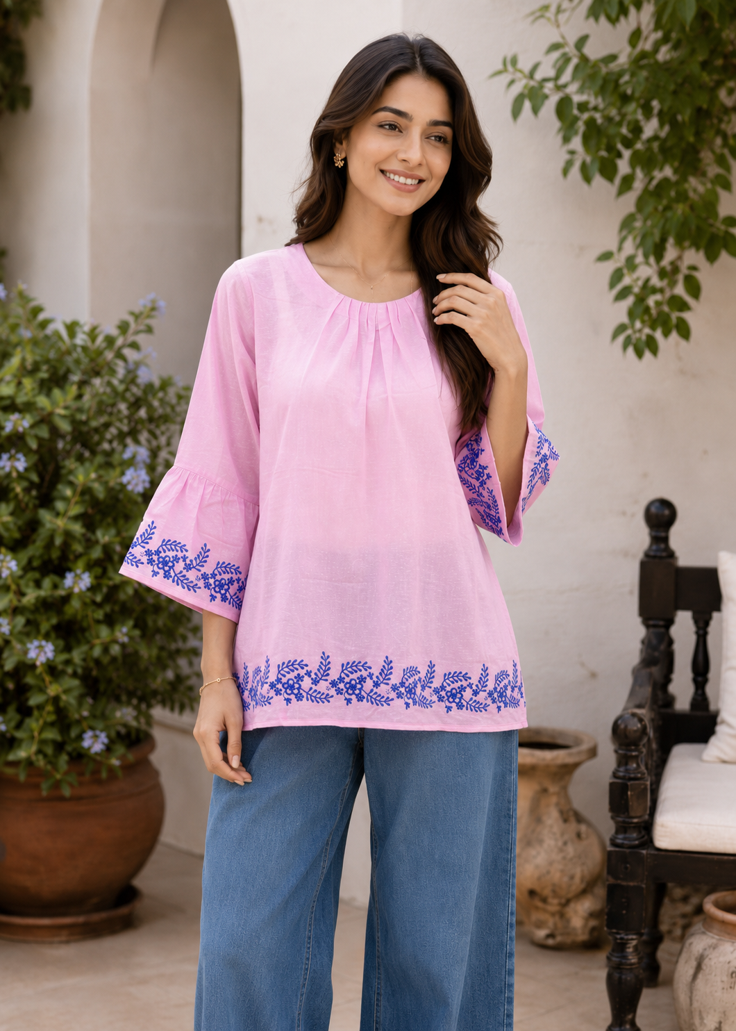 lawn karandi Top in Blush pink