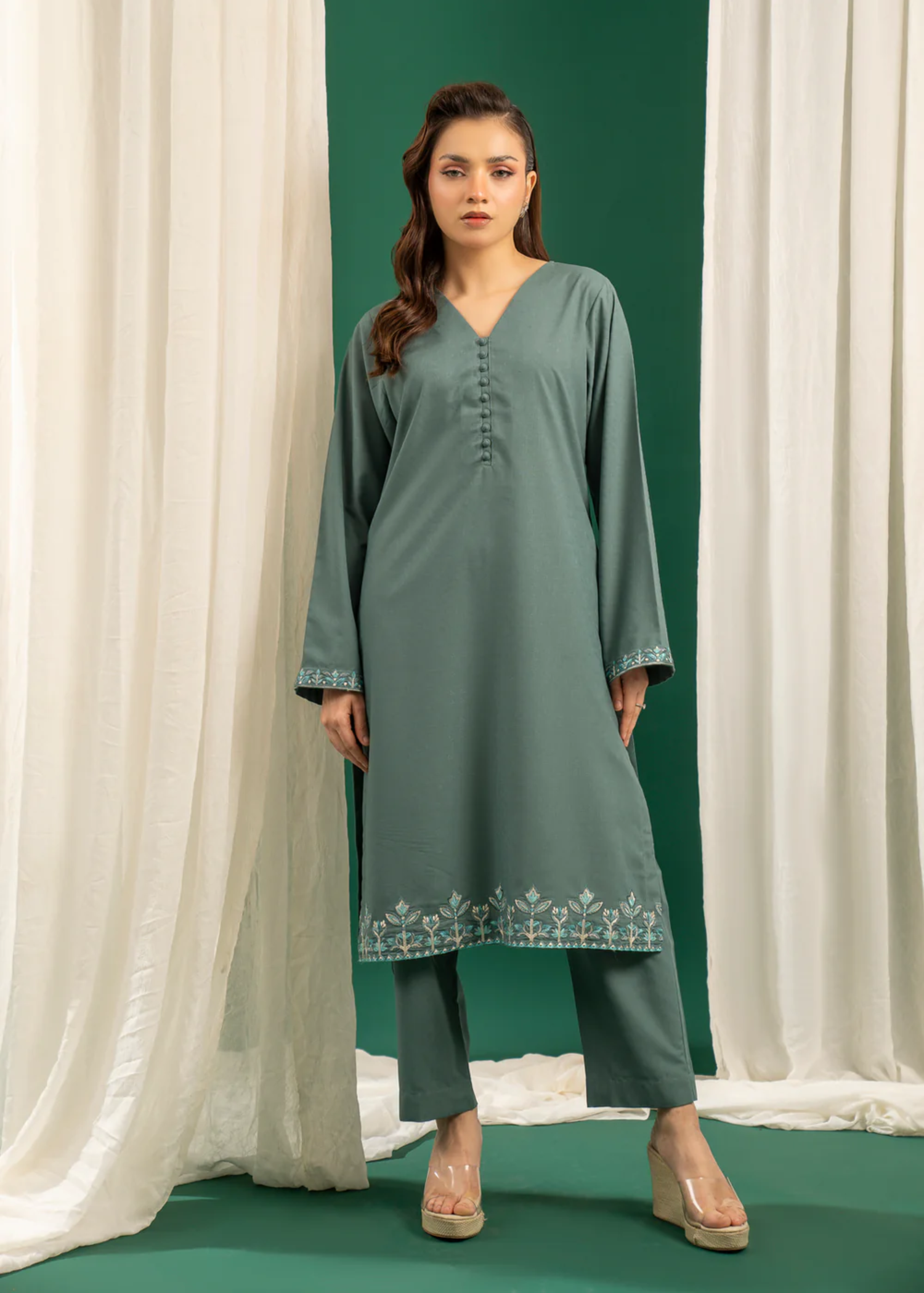 jacquard Kurta Set in Pastel green