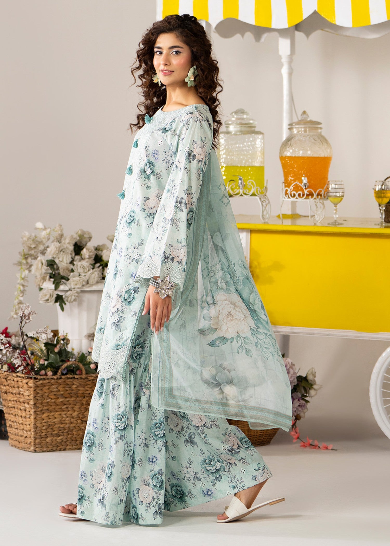 lawn cotton Sharara in Mint green, ice blue