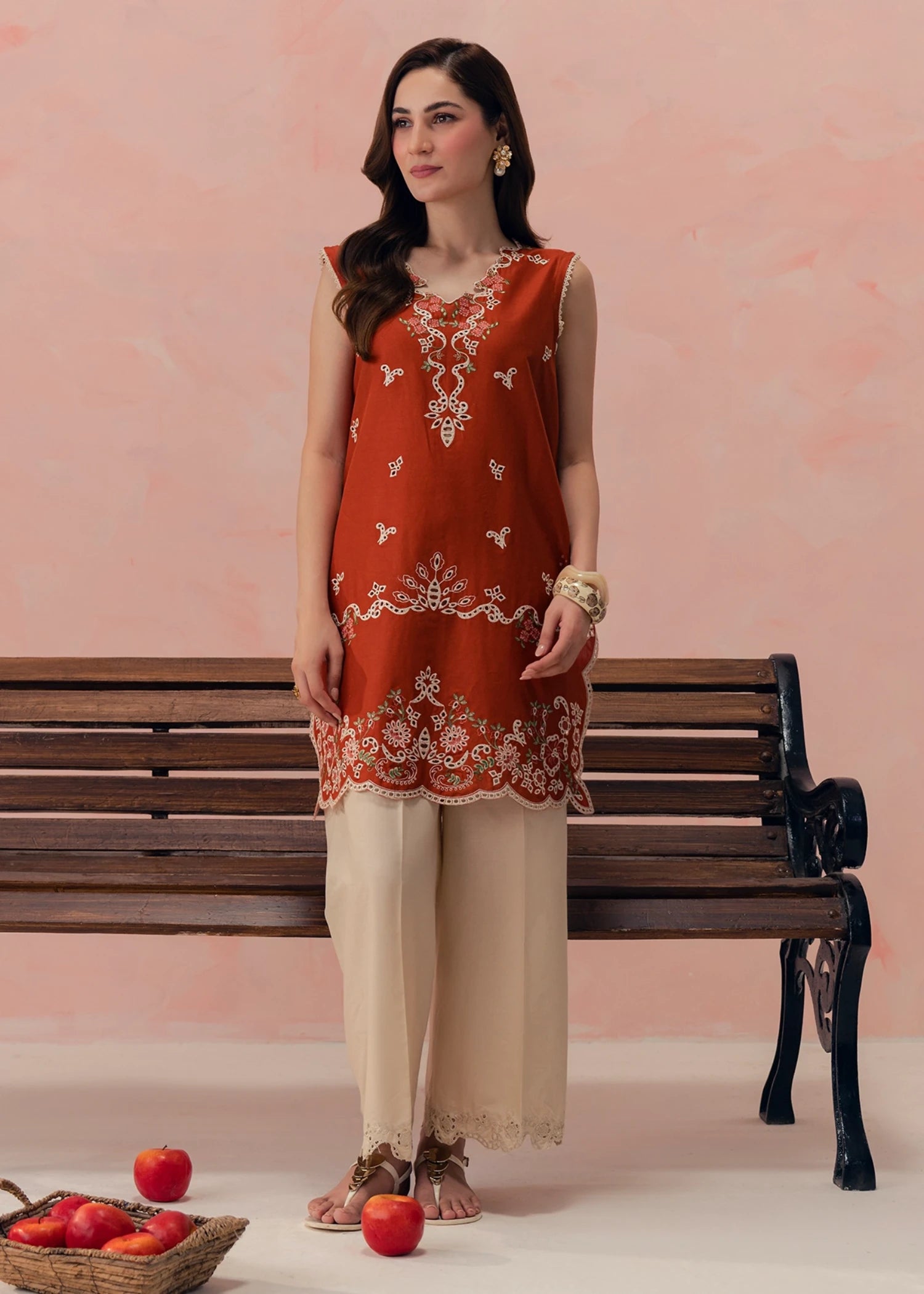 lawn cotton Kurta Set in Rust red