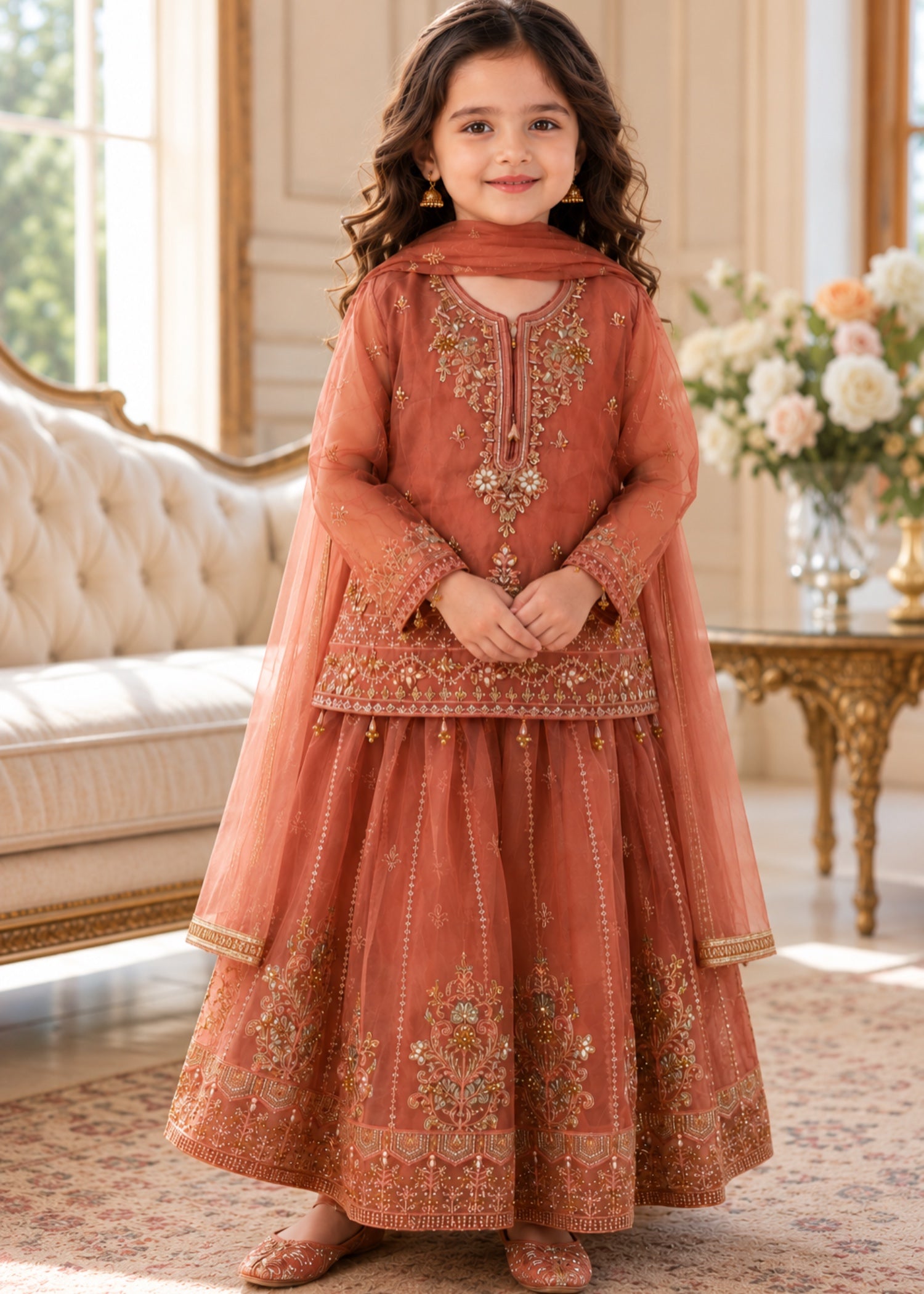 organza Lehenga in Coral pink