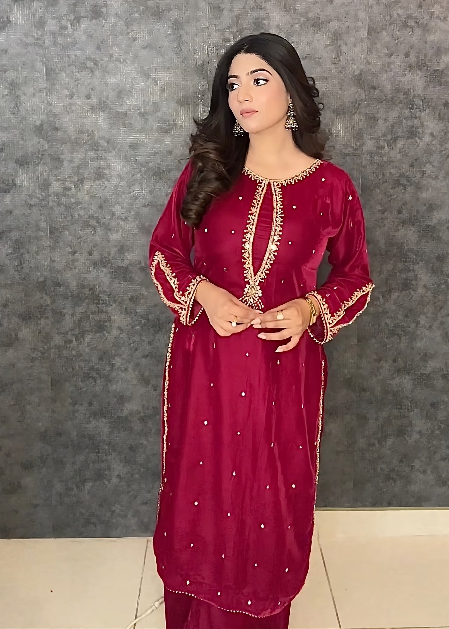 velvet Kurta Set in Raspberry pink