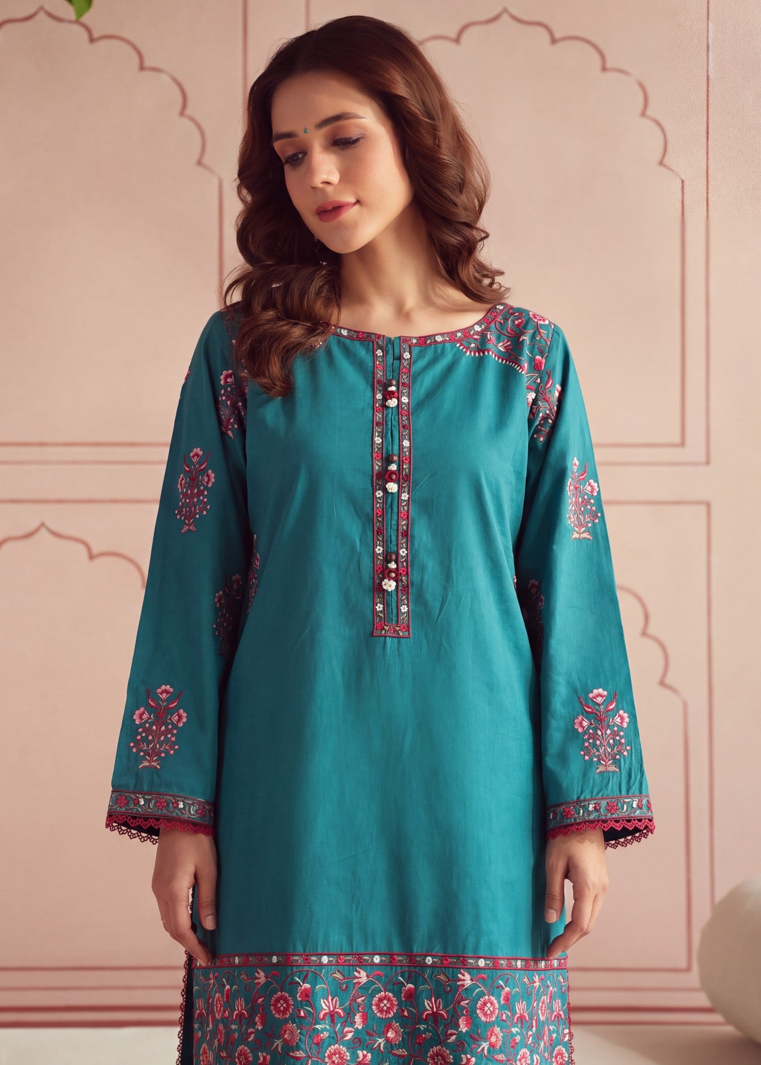 lawn Kurta Set in Teal, dark cyan