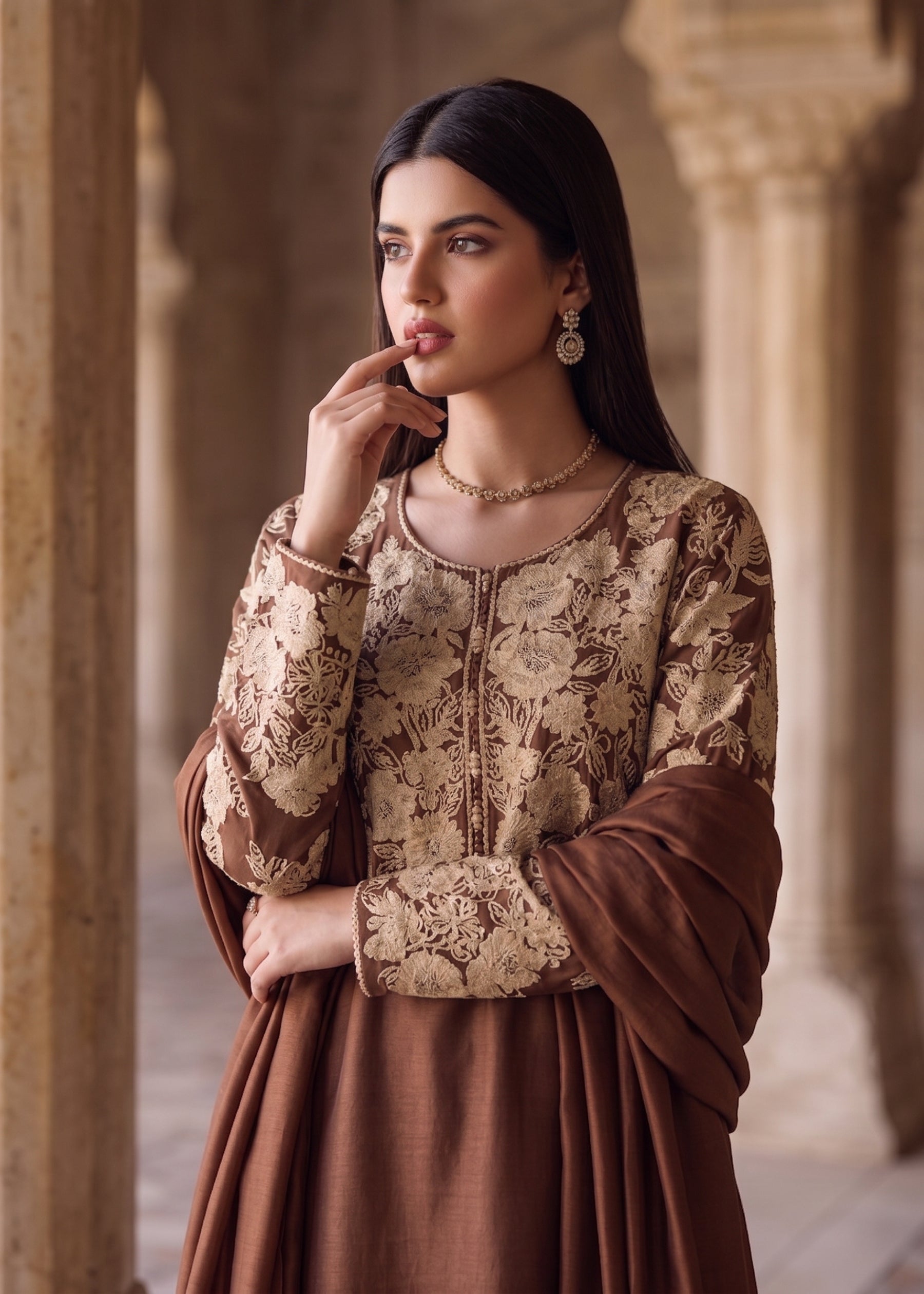 linen Kurta Set in Russet brown
