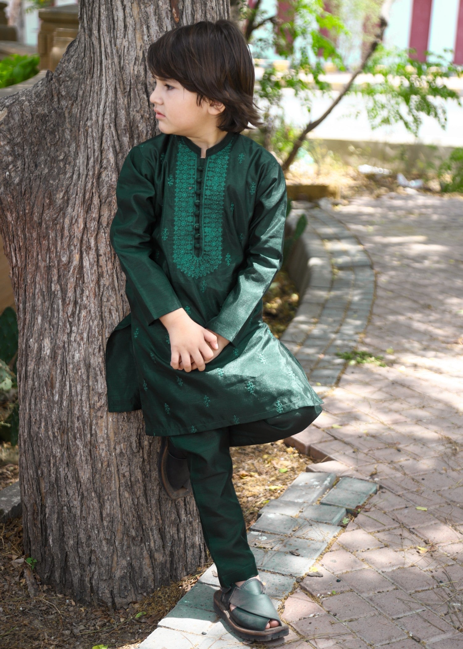 raw silk Kurta Set in Bottle green