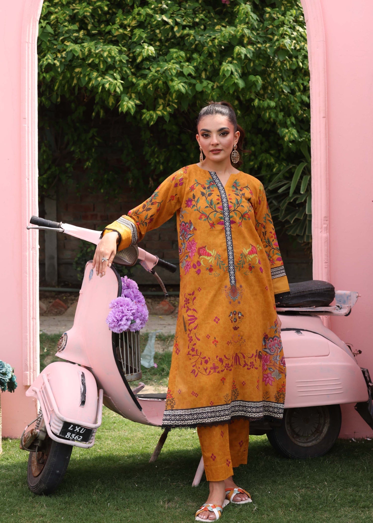 silk finish lawn Kurta Set in Mustard