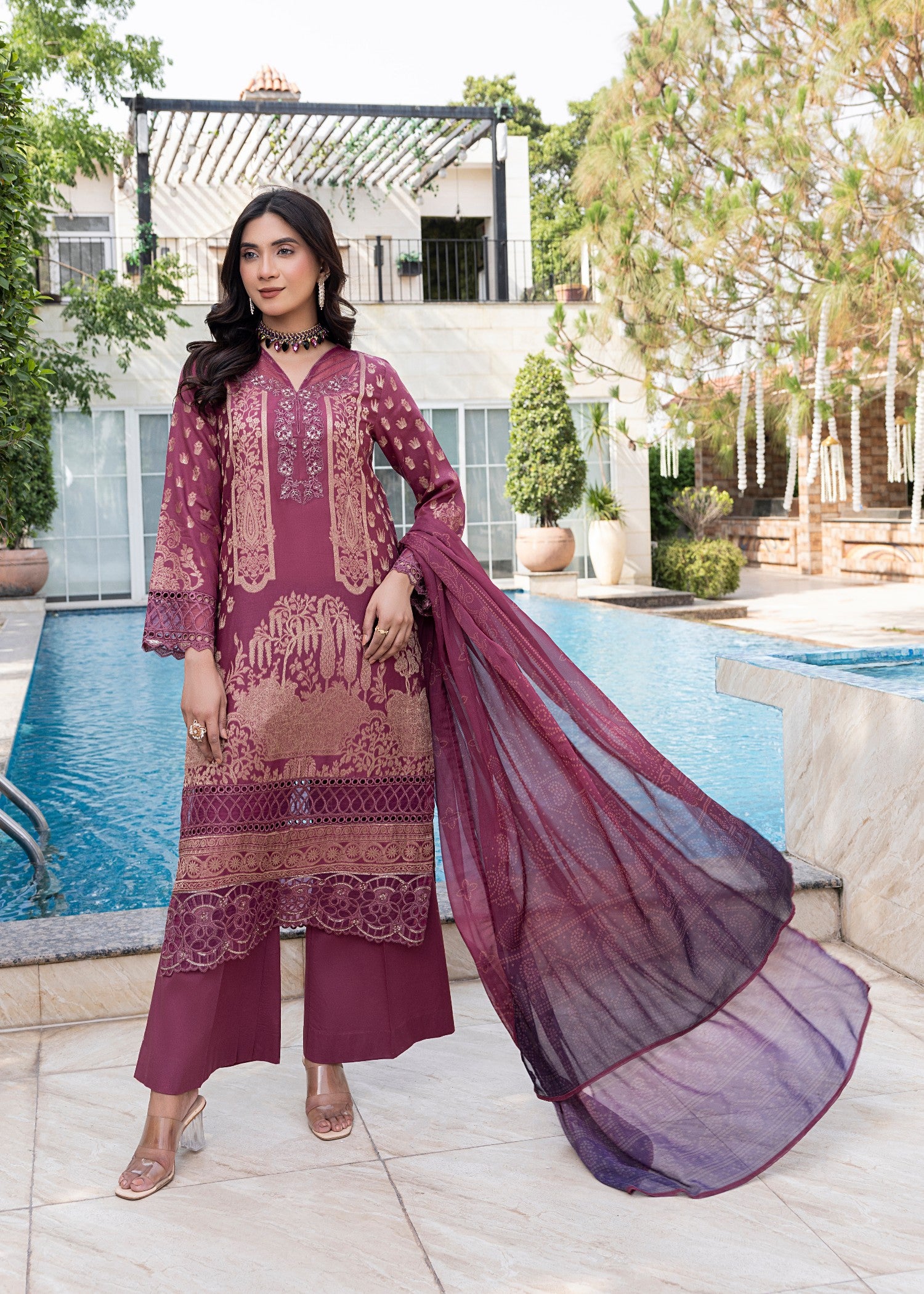 jacquard Kurta Set in Mulberry