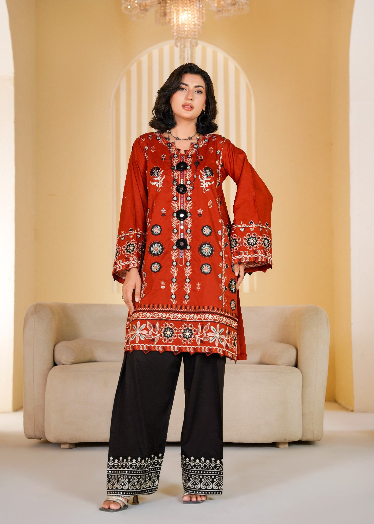 lawn cotton Kurta Set in Rust orange