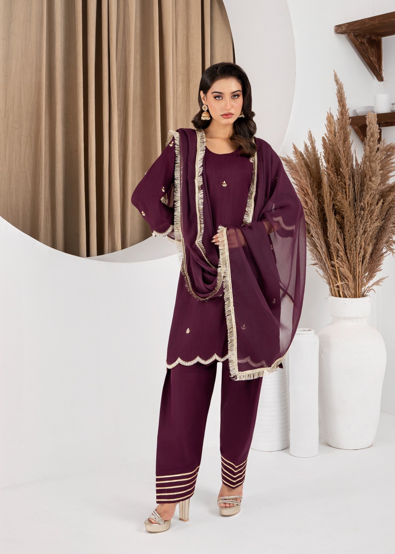 raw silk Kurta Set in Deep purple