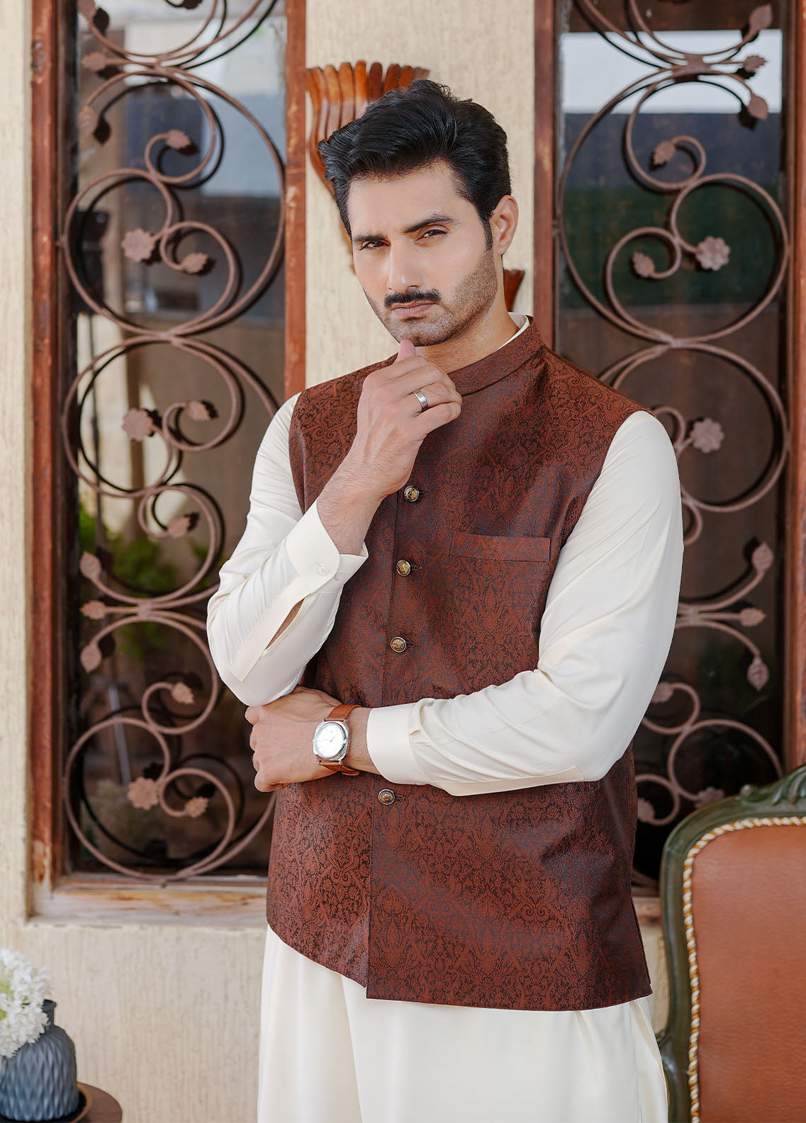 banarasi jamawar Waistcoat in Chestnut brown