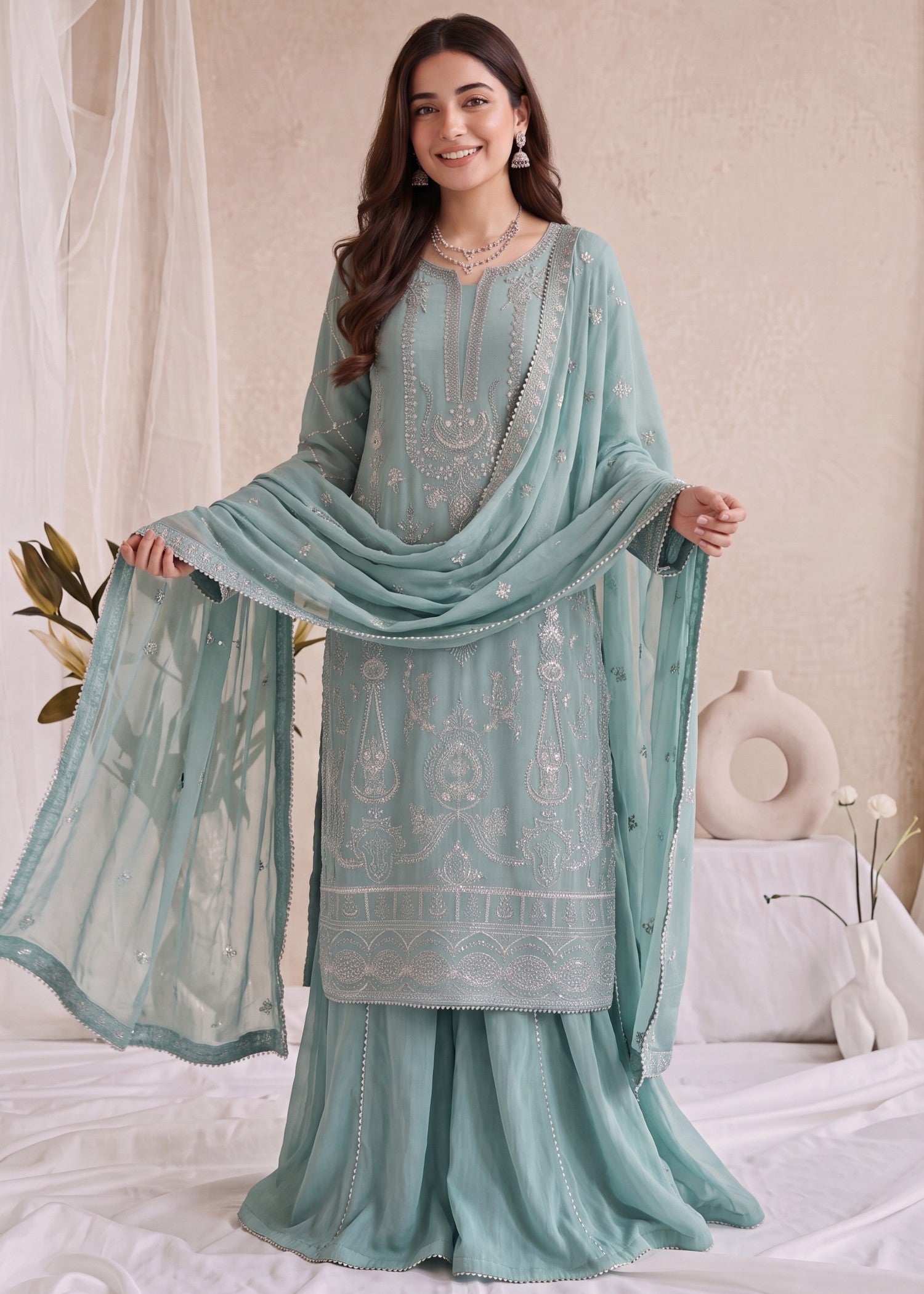 pk crinkle chiffon Kurta Set in Aquamarine
