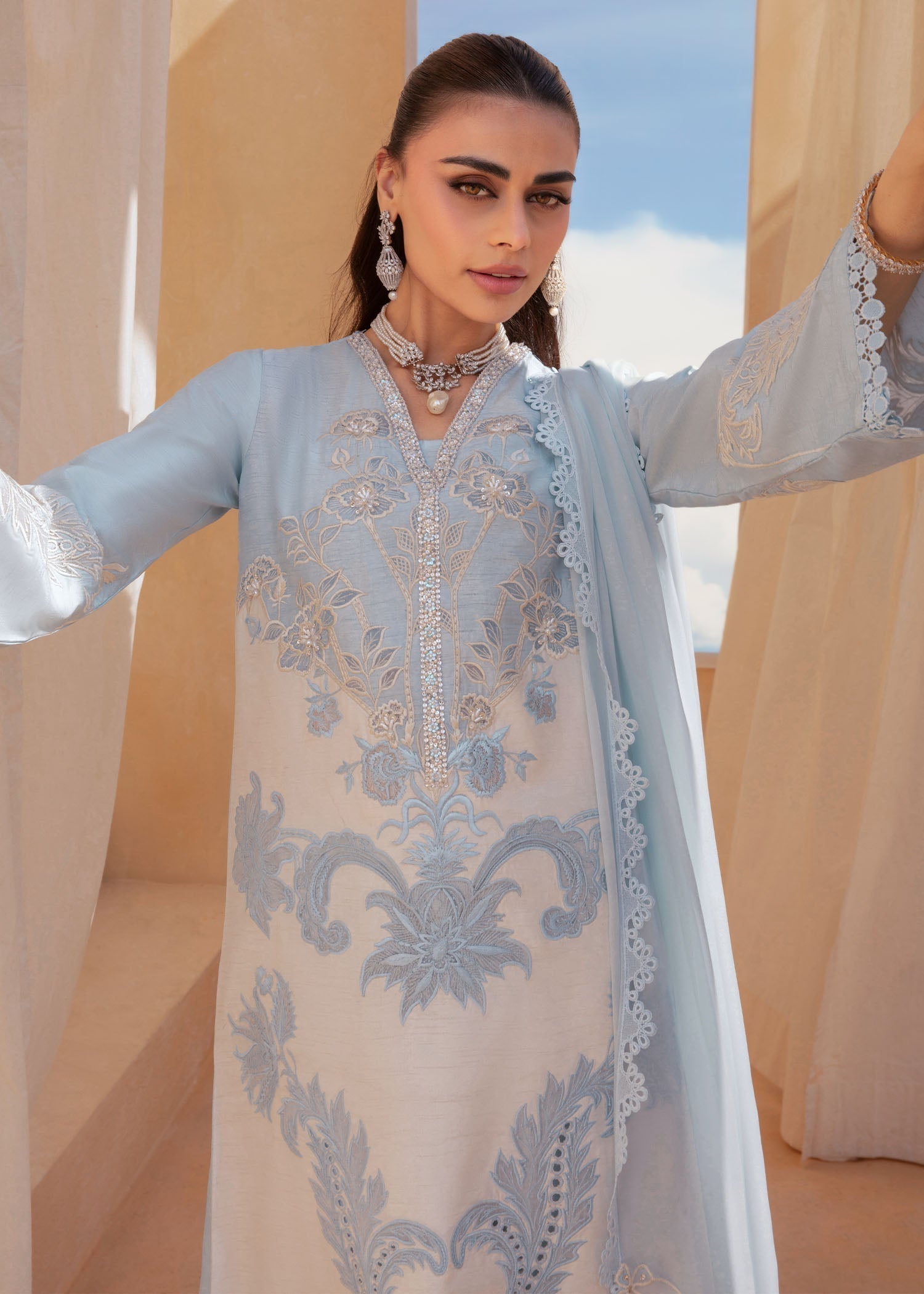 korean raw silk Kurta Set in Sky blue