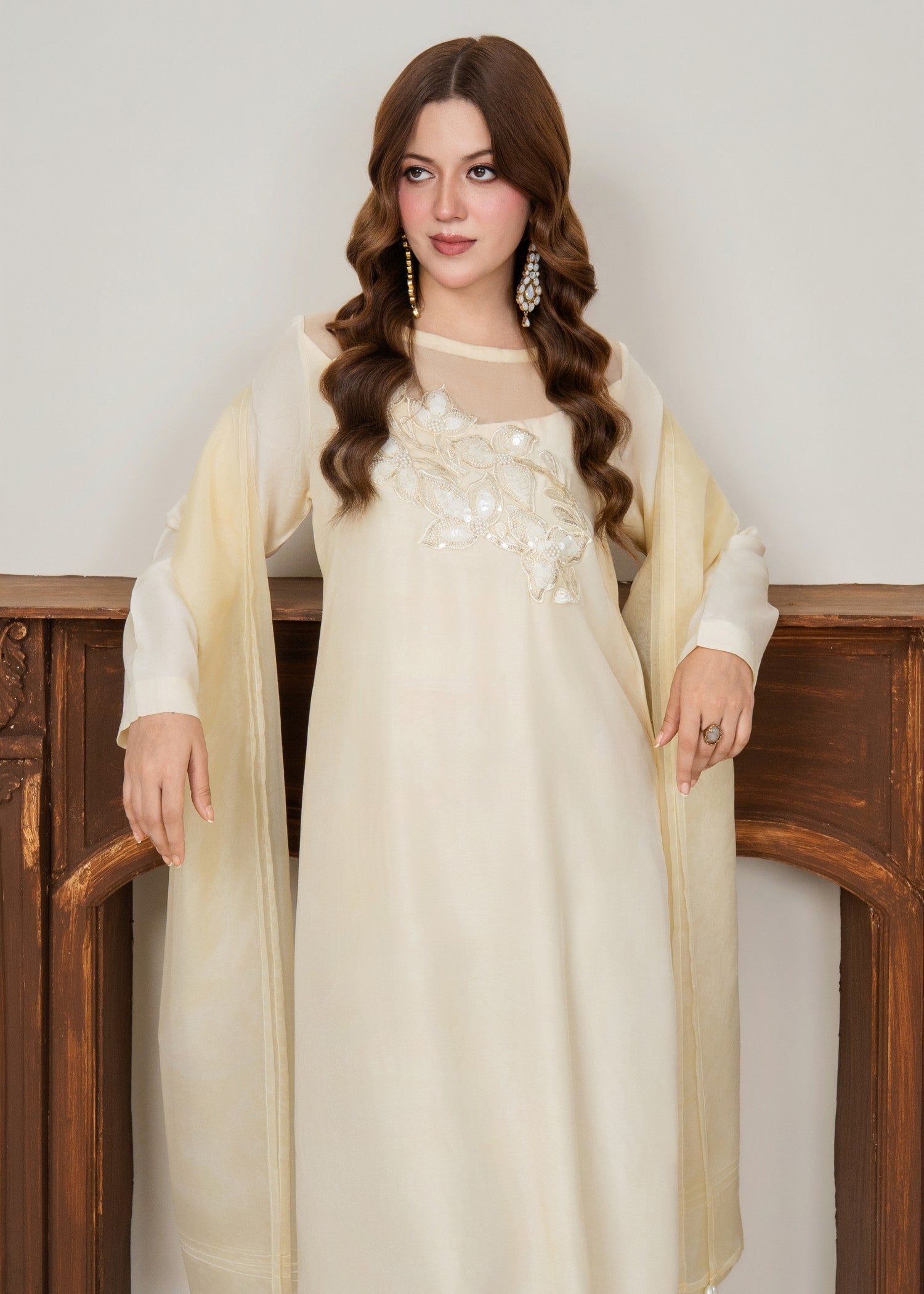 tussar silk Kaftan in Vanilla