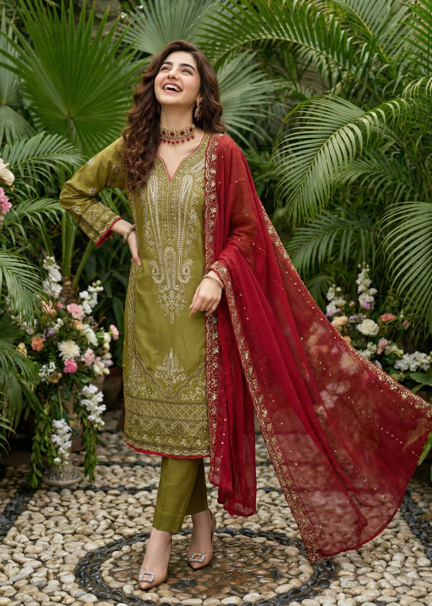 lawn Kurta Set in Olive green, maroon