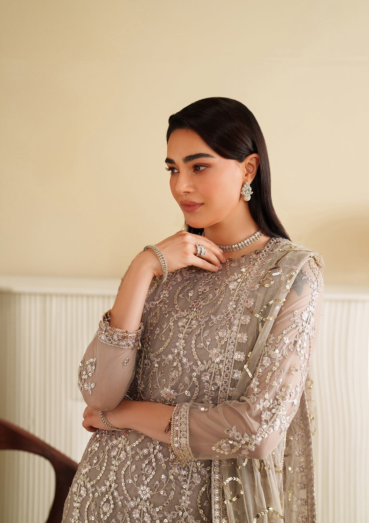 khaddi net Kurta Set in Silver