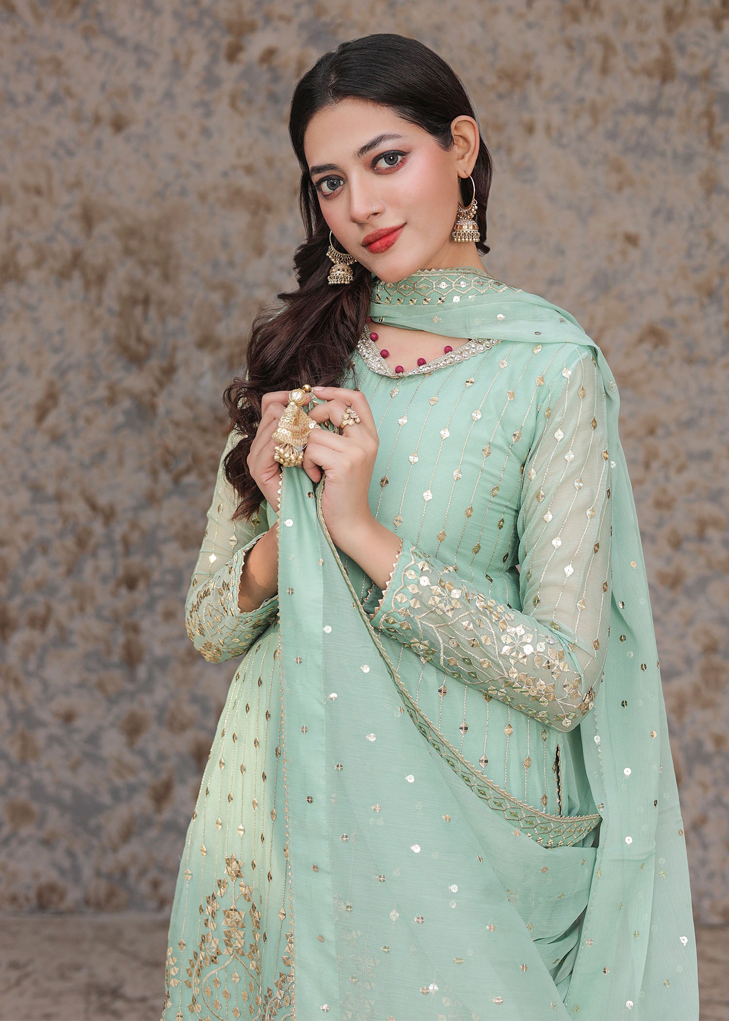 chiffon Gharara in Pastel green