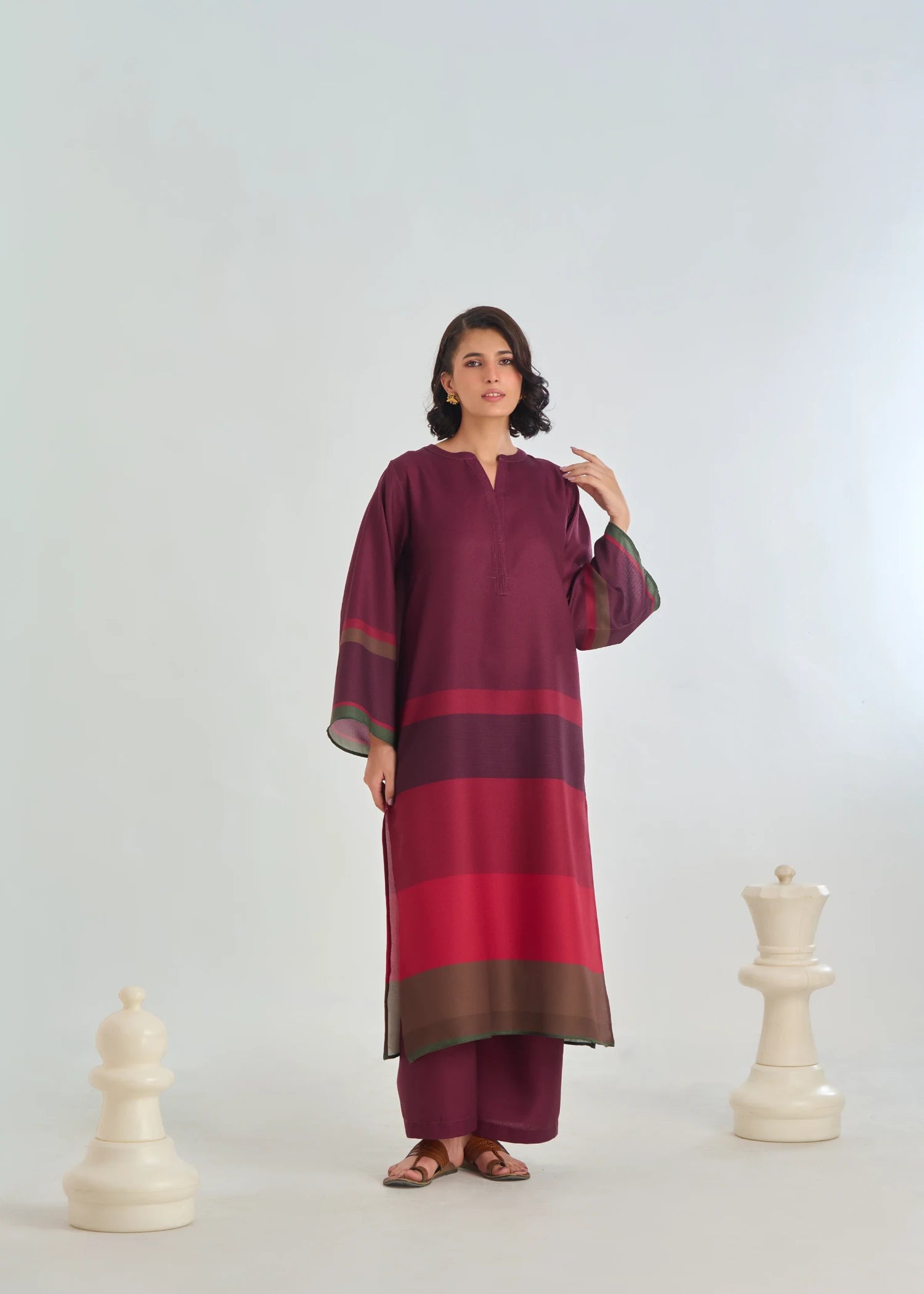herringbone Kurta Set in Burgundy