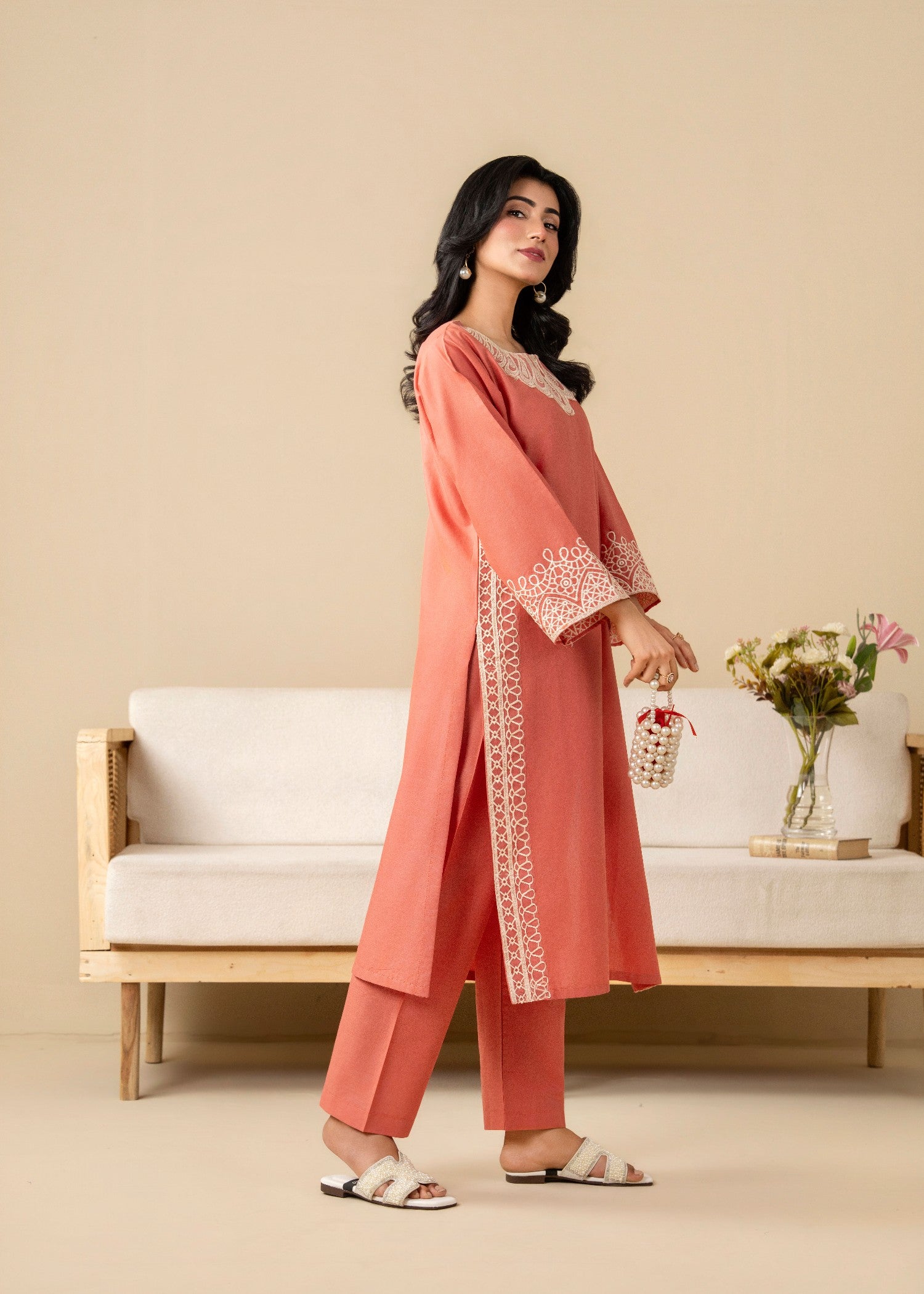 lawn cotton Kurta Set in Peach pink