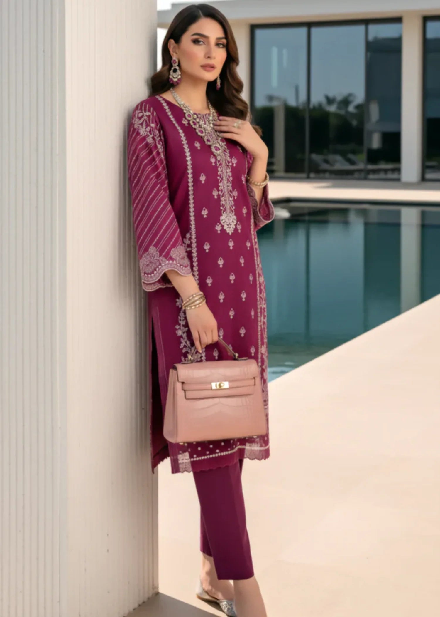 cotton net Kurta Set in Plum