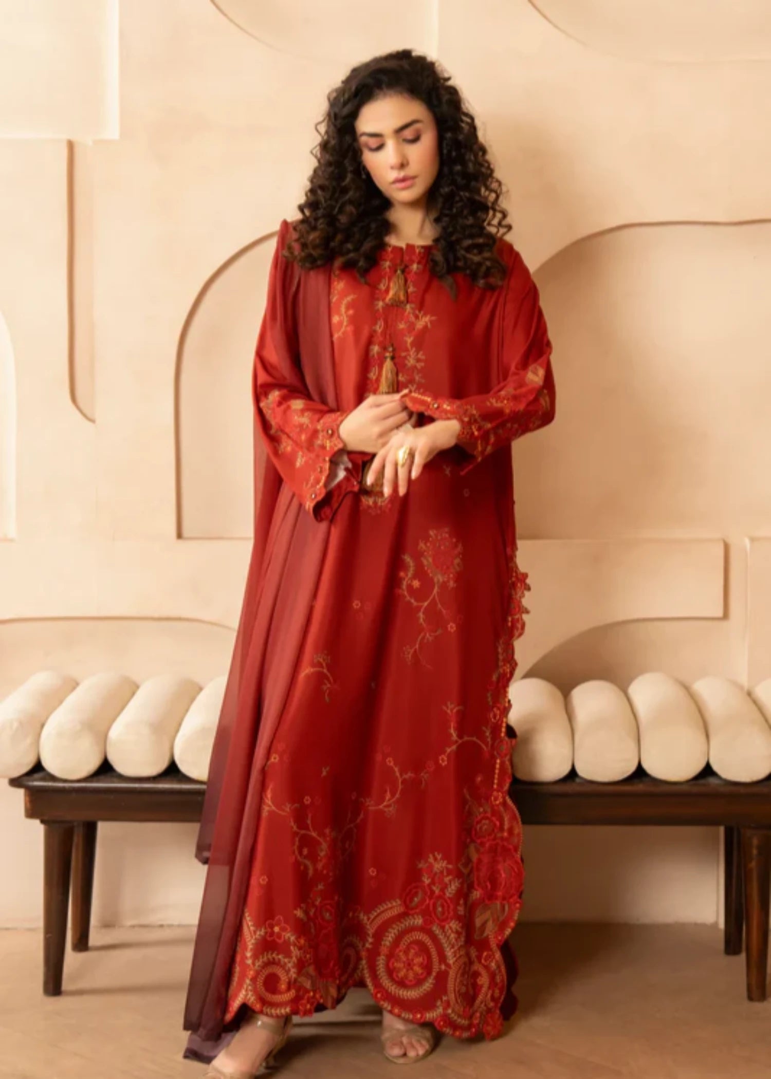 zari lawn Kaftan in Red